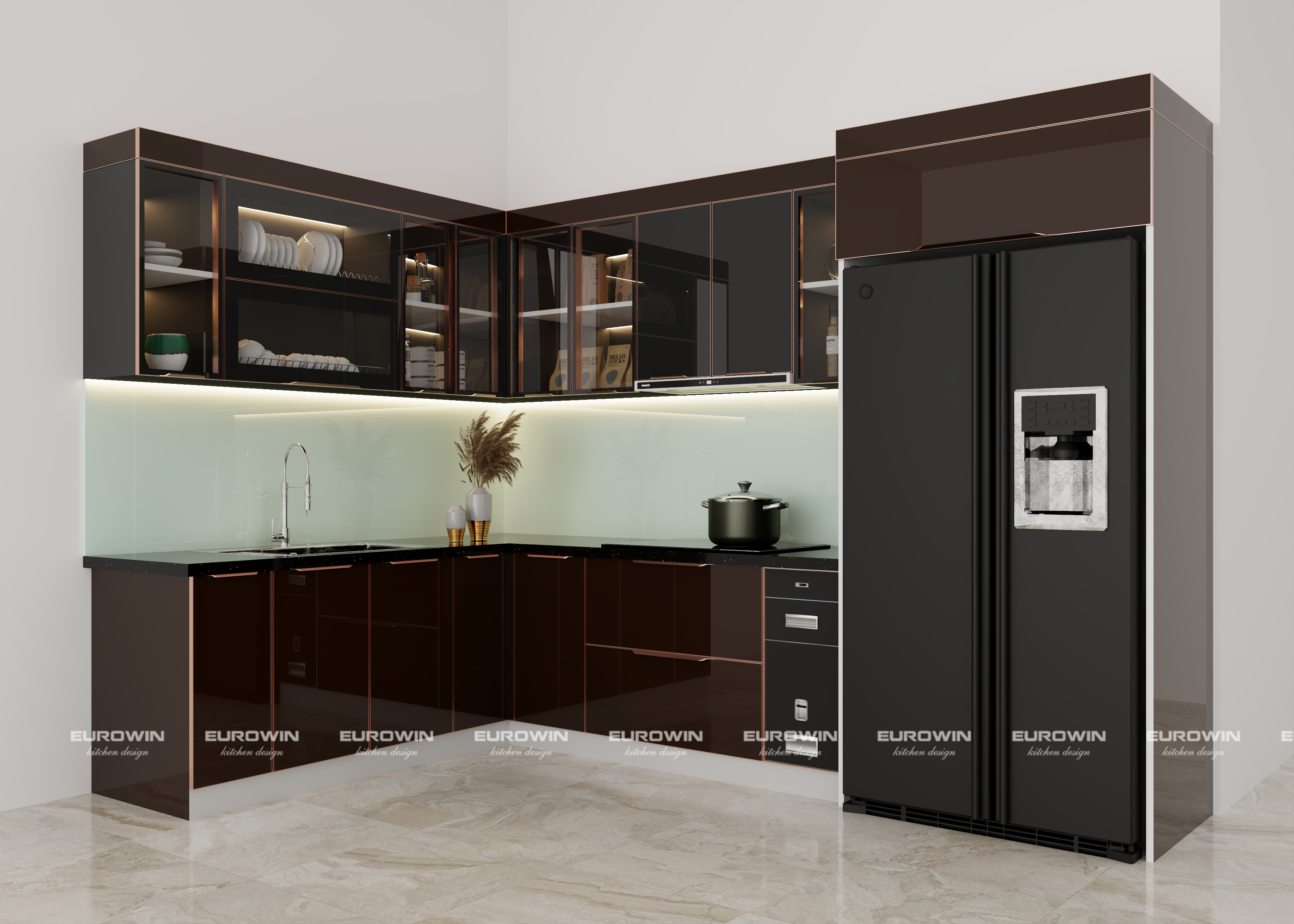 Tủ Bếp Inox Cánh Kính Chữ L (Mã SP: EU1112)  