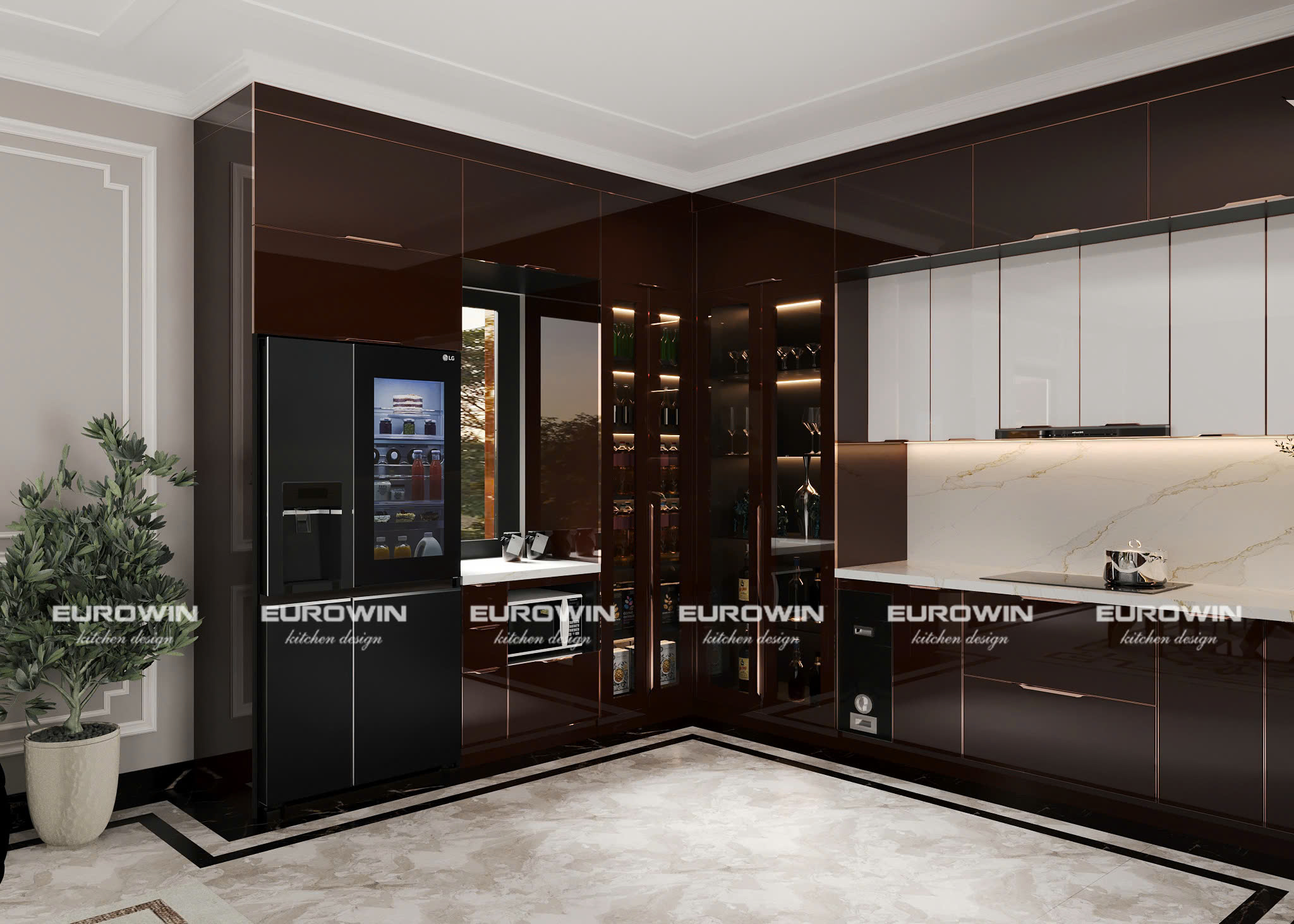 Tủ Bếp Inox Cánh Kính Chữ U (Mã SP: EU962)