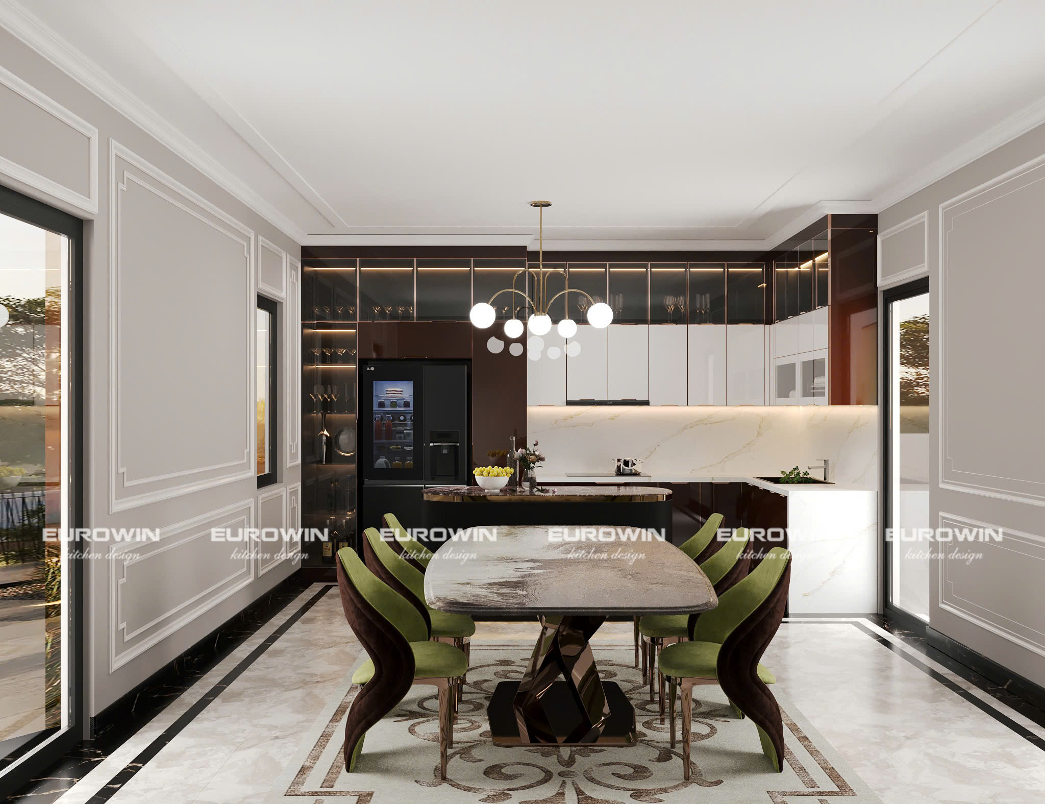 Tủ Bếp Inox Cánh Kính Chữ U (Mã SP: EU962)