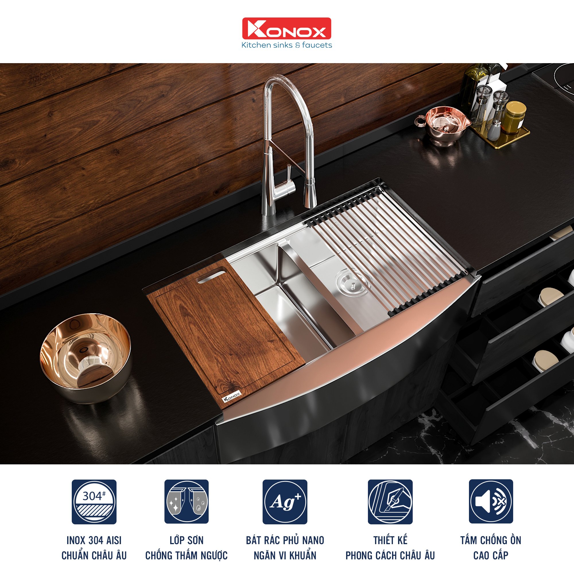 Apron sink KN8450DASiphon, thớt gỗ, roll mat