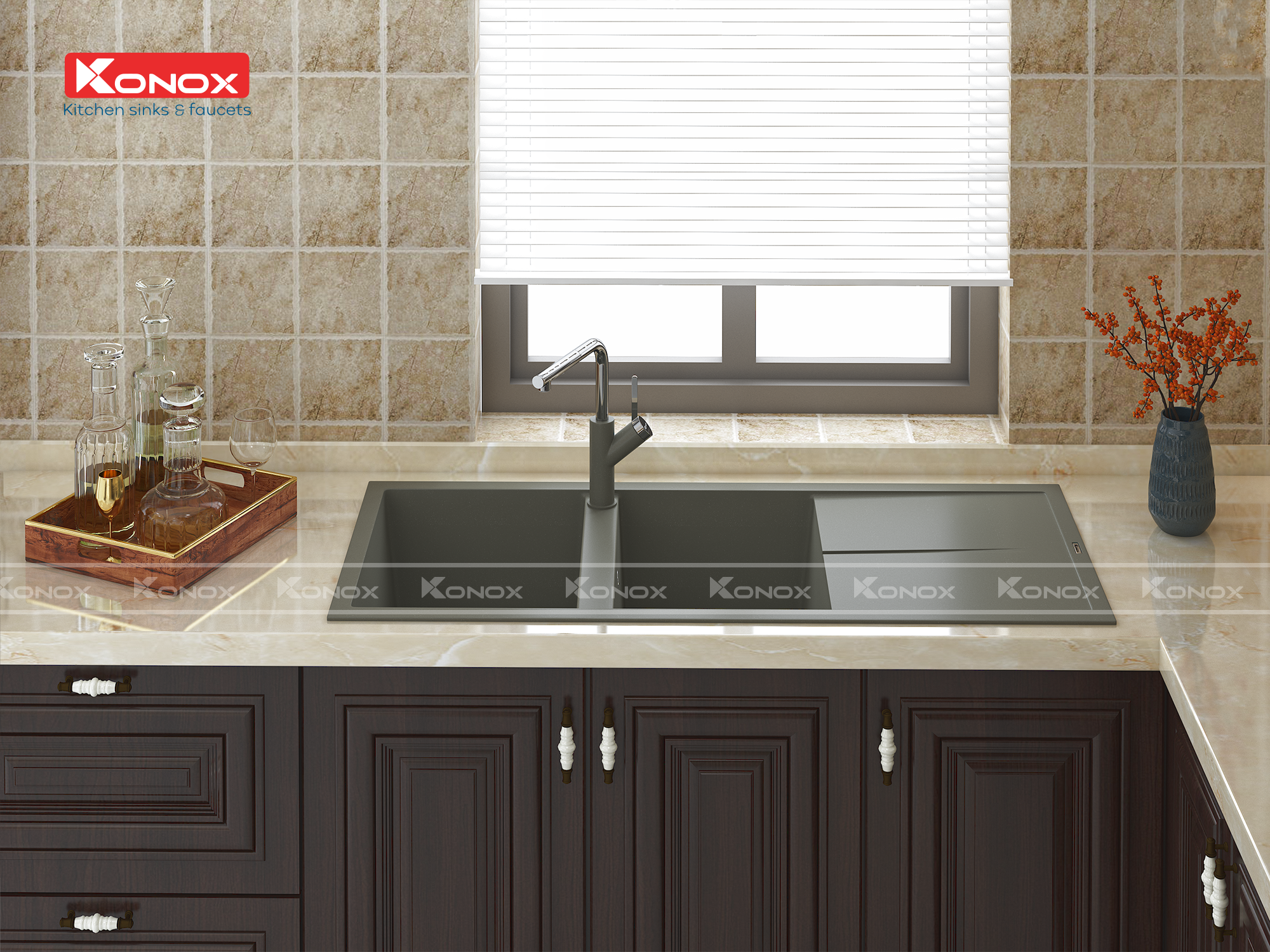 Granite sink Livello 1160 GreySiphon, giá úp bát inox