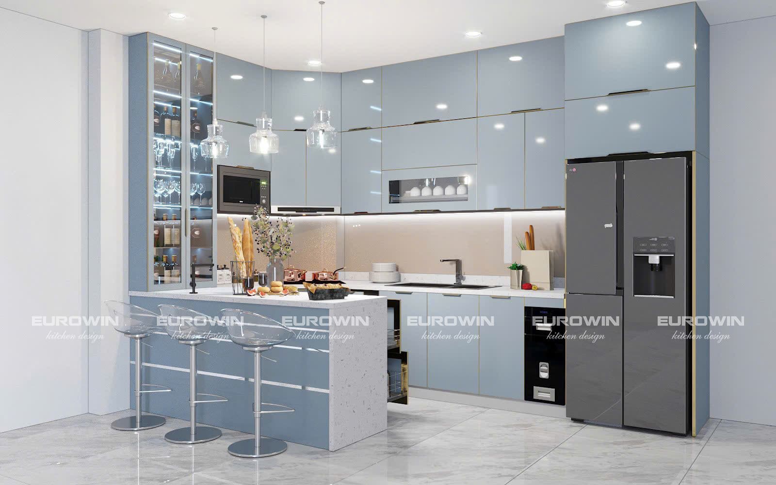 tủ bếp inox cánh kính bề mặt kính phẳng dễ vệ sinh