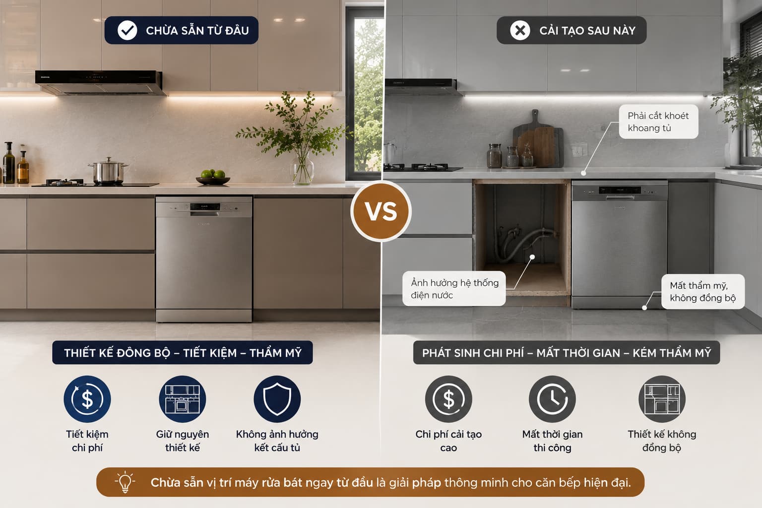 Chừa sẵn vị trí máy rửa bát giúp tránh chi phí cải tạo sau này
