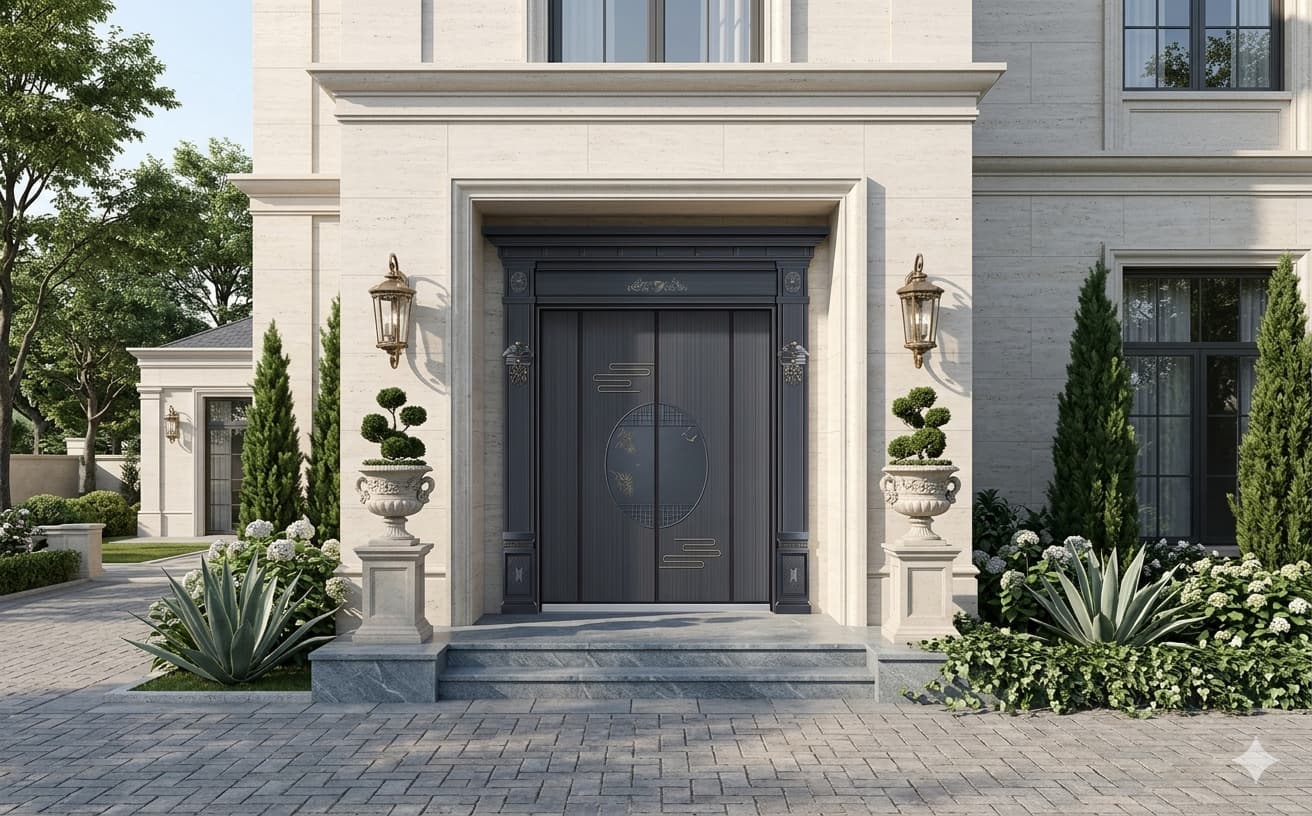 Mẫu cửa nhôm nguyên tấm phong cách tân cổ điển