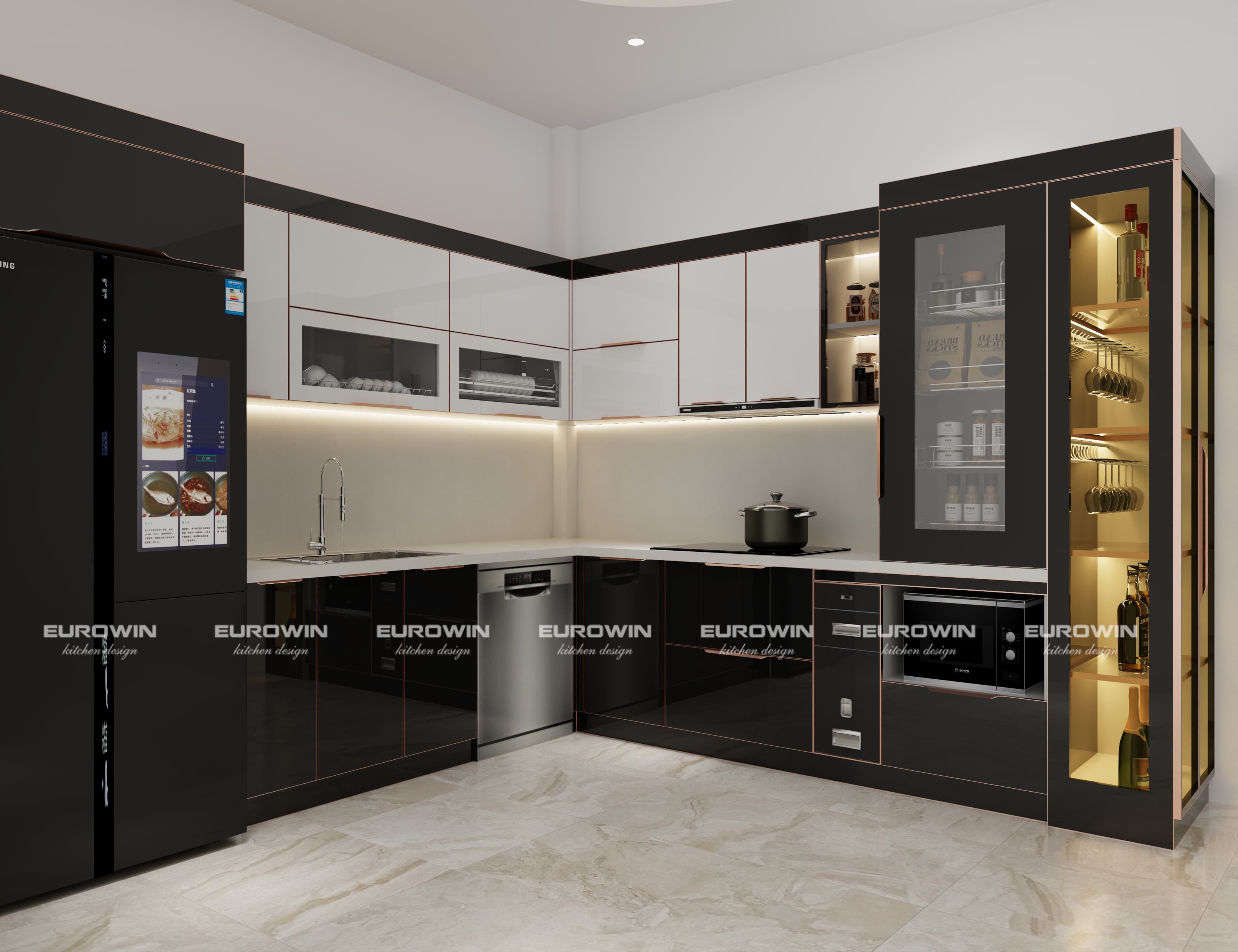 Hệ tủ bếp Inox 304, cánh kính cường lực