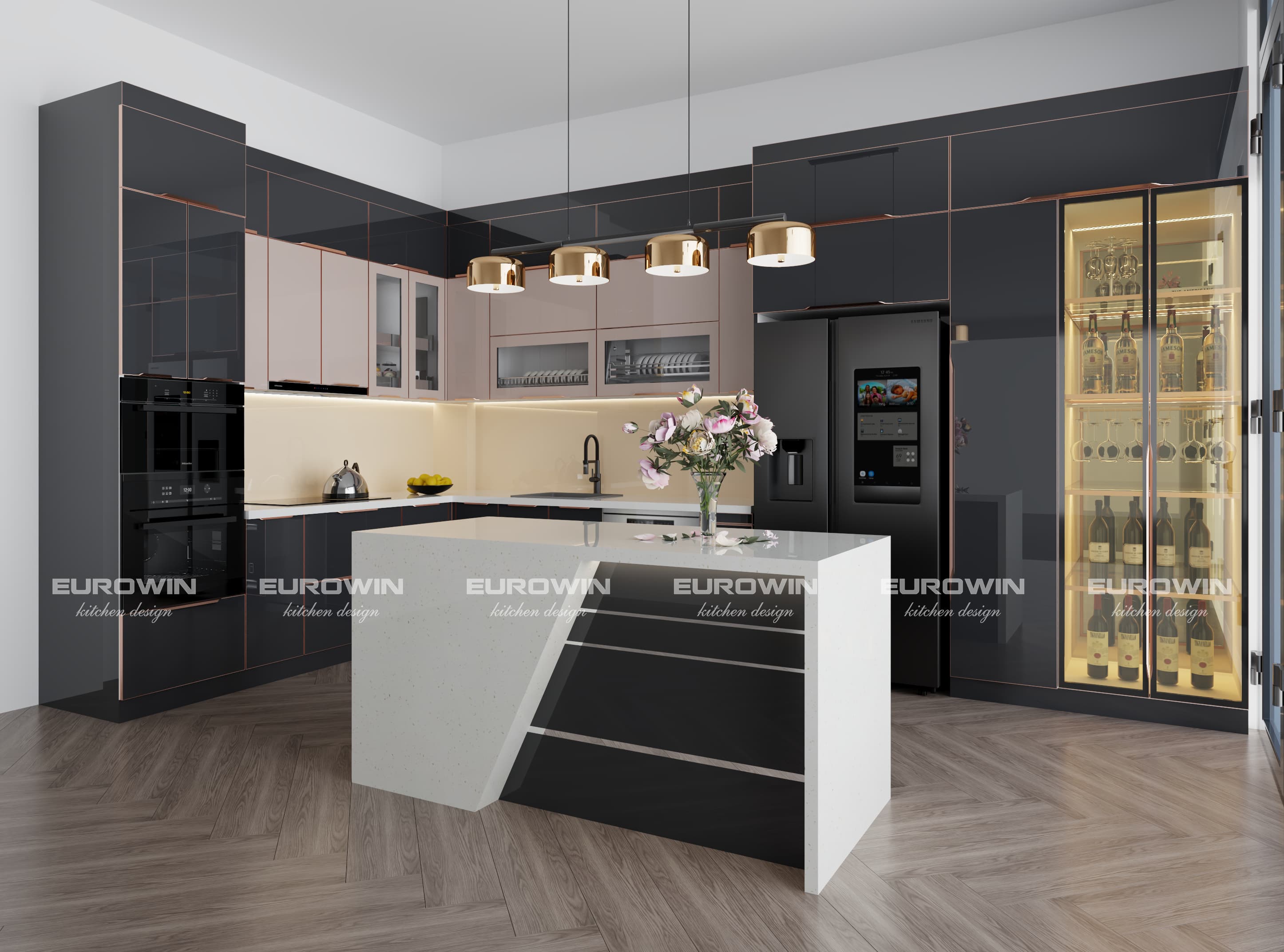 tủ bếp inox cánh kính kết hợp bàn đảo hiện đại