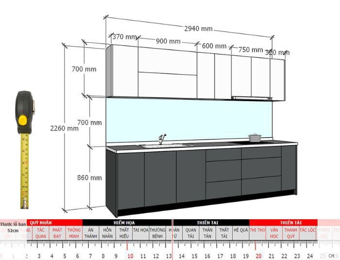 Kích thước tiêu chuẩn của tủ bếp trên là bao nhiêu