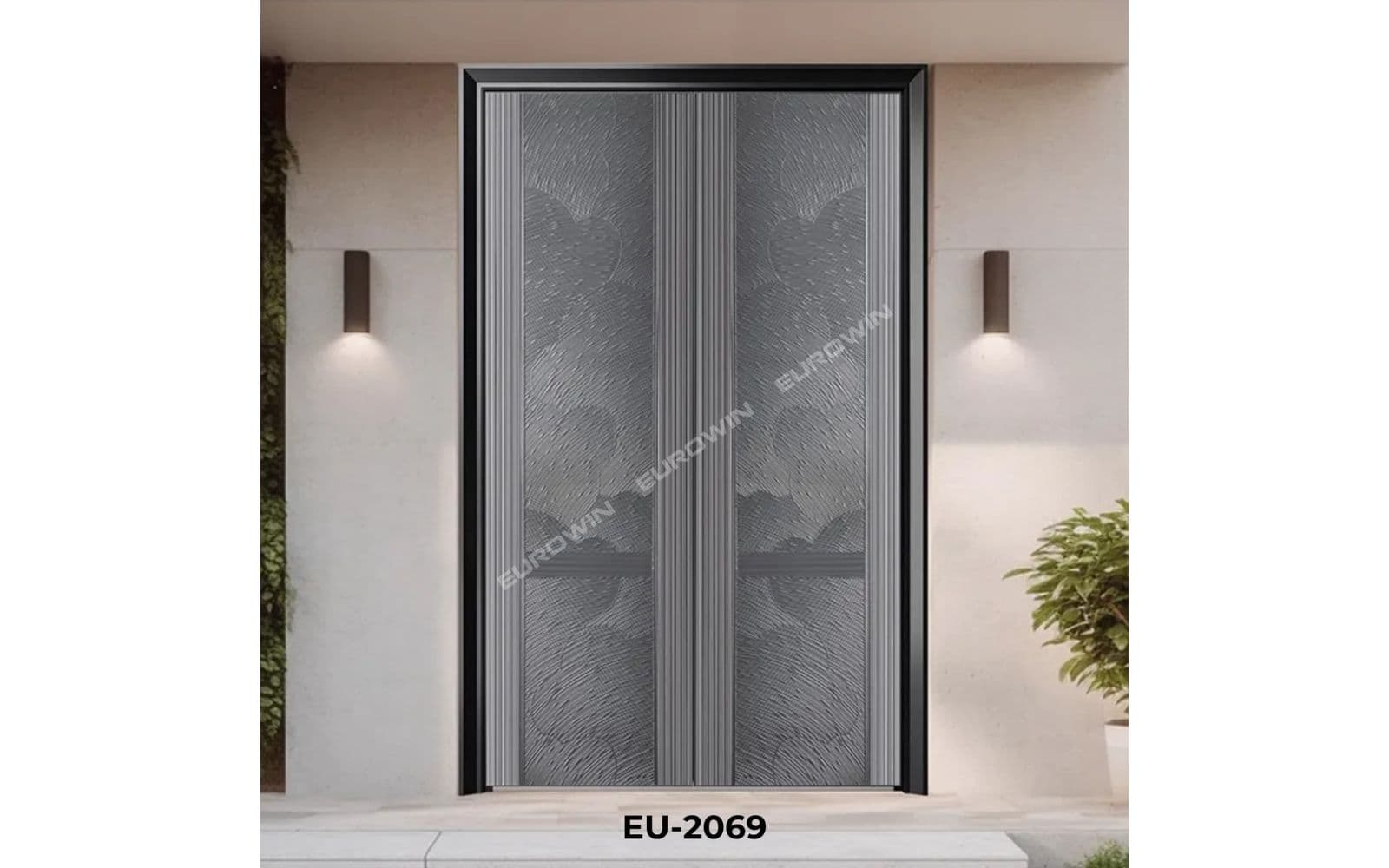 Mẫu 10: cửa nhôm nguyên tấm 2 cánh họa tiết độc đáo cho nhà phố