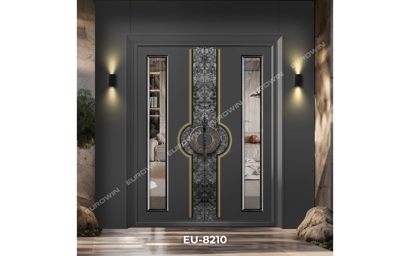 Mẫu 20: cửa nhôm nguyên tấm kết hợp kính cường lực, họa tiết vân đá độc đáo