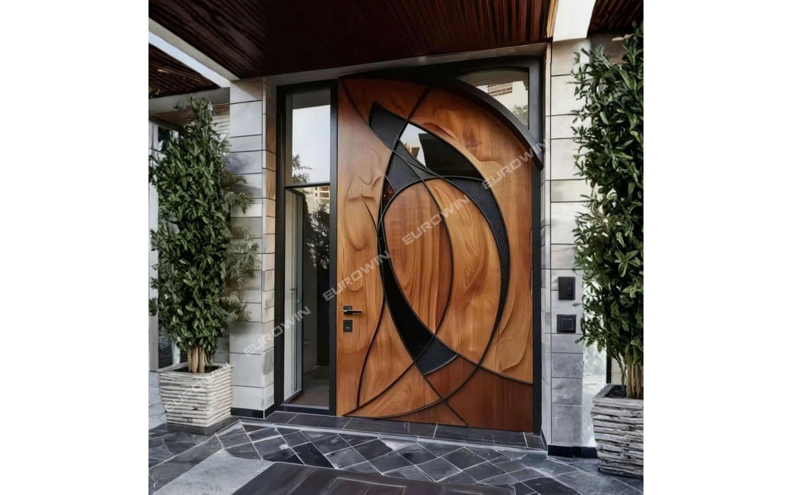 Mẫu 21: cửa nhôm nguyên tấm vân gỗ kết hợp kính đầy ấn tượng