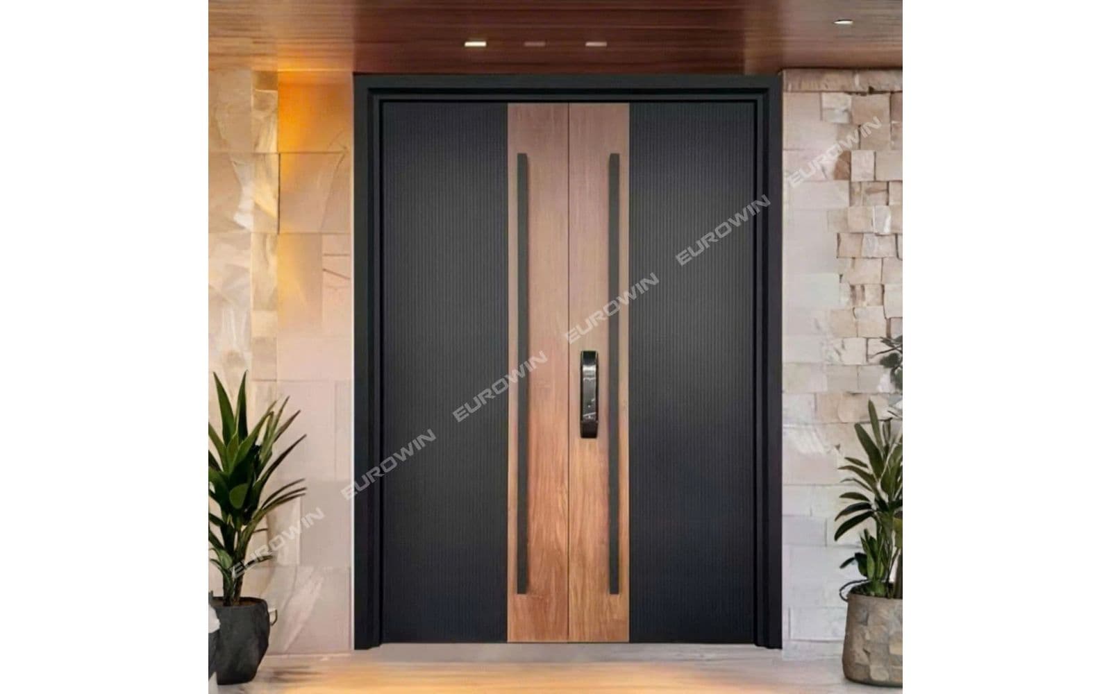 Mẫu 23: cửa nhôm nguyên tấm kết hợp họa tiết vân gỗ hài hòa