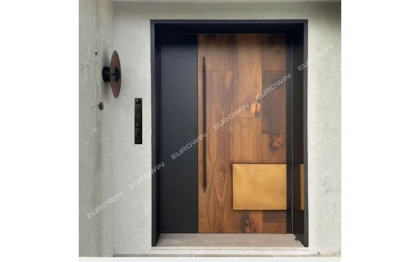 Mẫu 24: cửa nhôm nguyên tấm vân gỗ hiện đại cho nhà phố