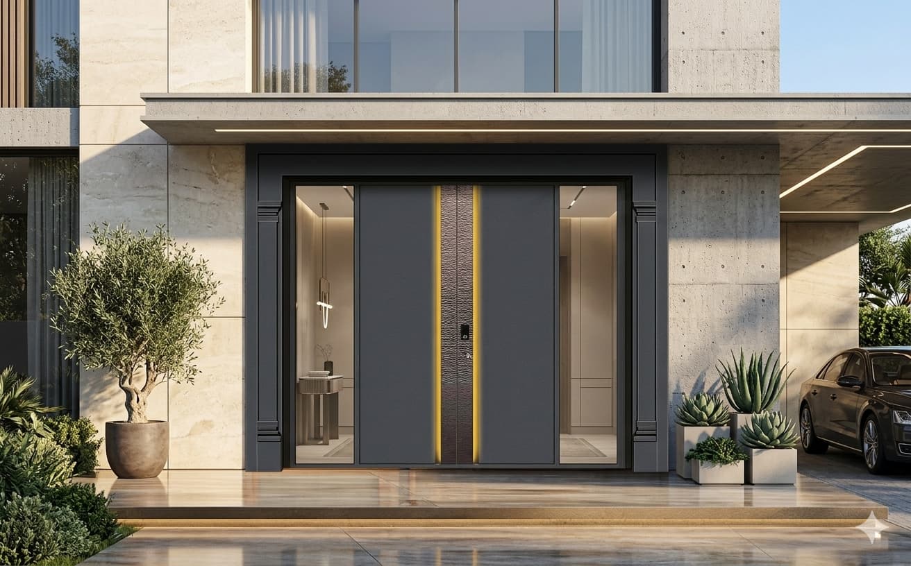 Mẫu cửa nhôm nguyên tấm kết hợp kính cường lực cho biệt thự (mẫu 1)