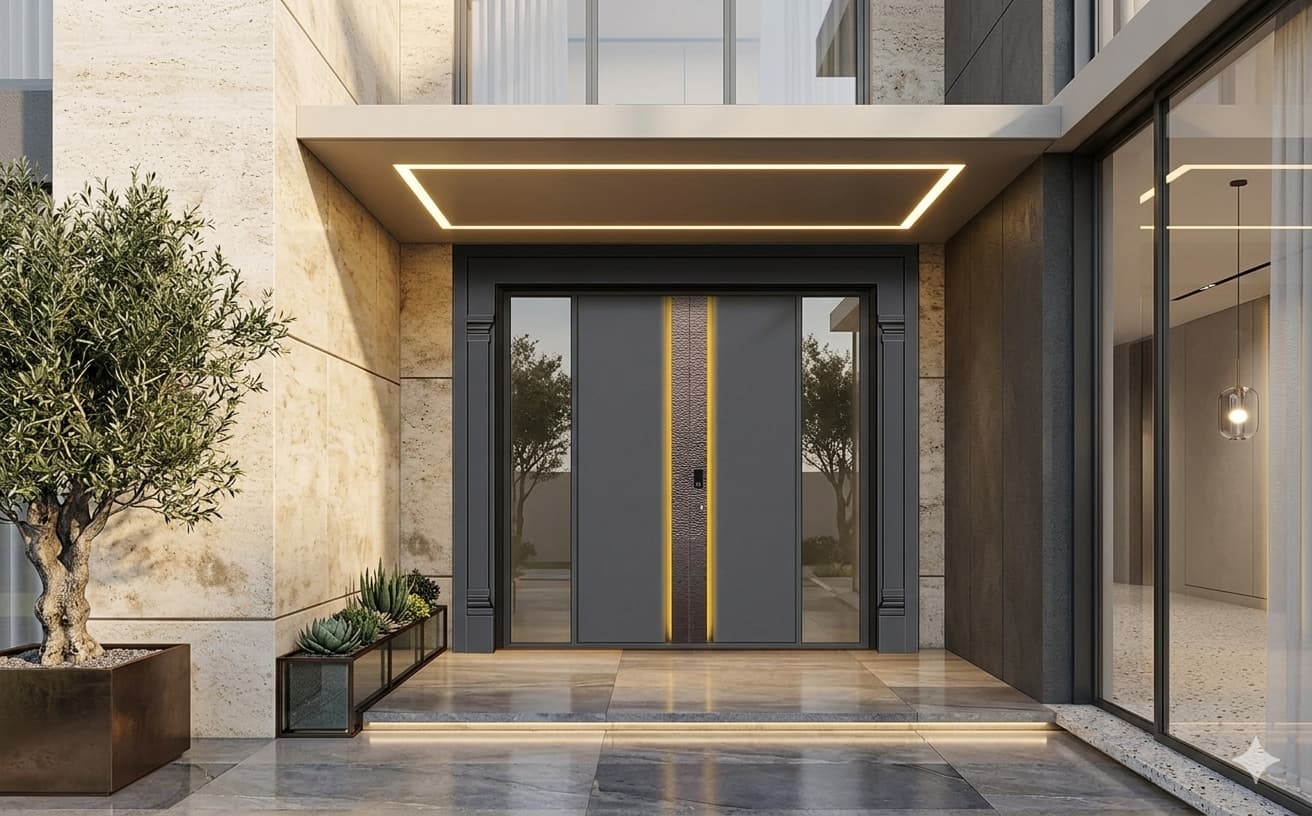 Mẫu cửa nhôm nguyên tấm kết hợp kính cường lực sang trọng