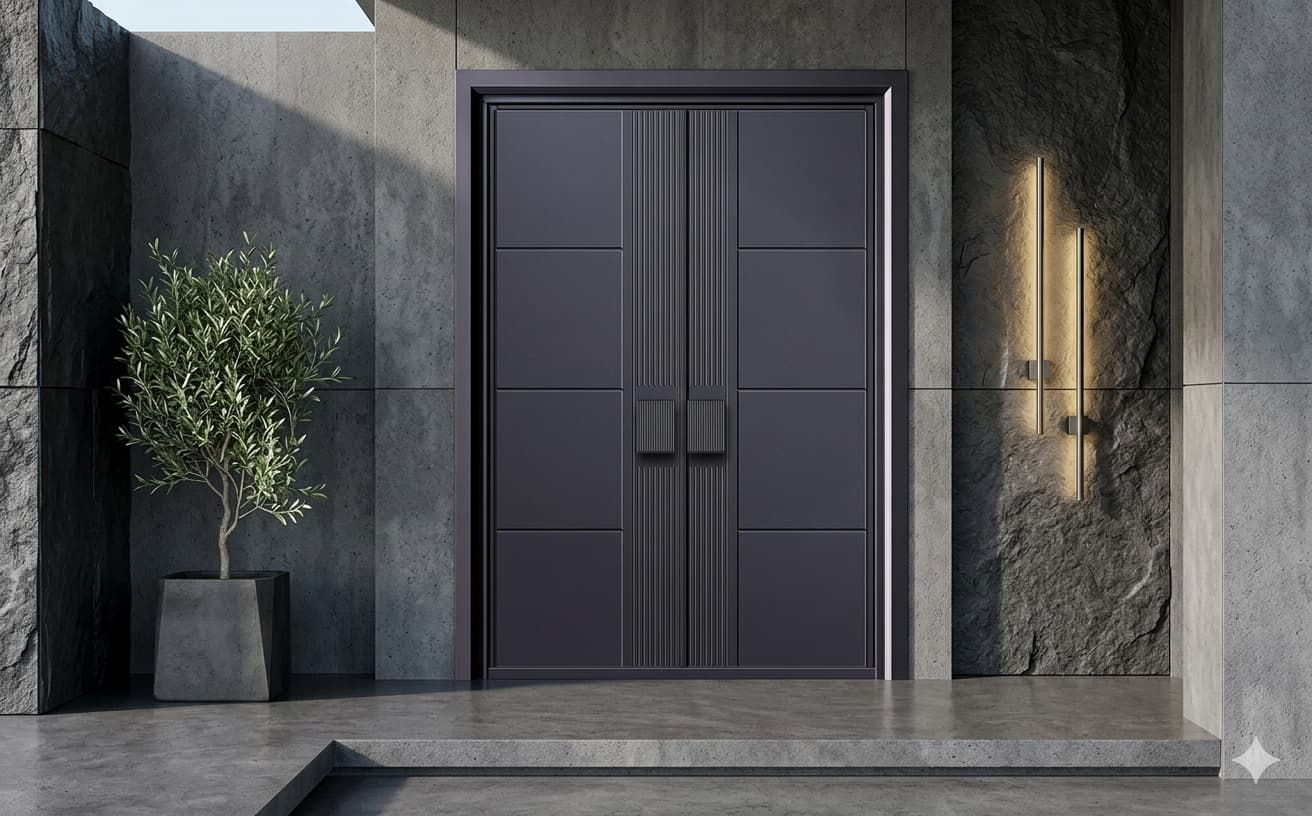 Mẫu cửa nhôm nguyên tấm tối giản cho nhà hiện đại