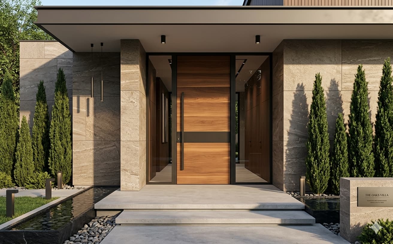 Mẫu cửa nhôm nguyên tấm vân gỗ cho biệt thự (mẫu 2)