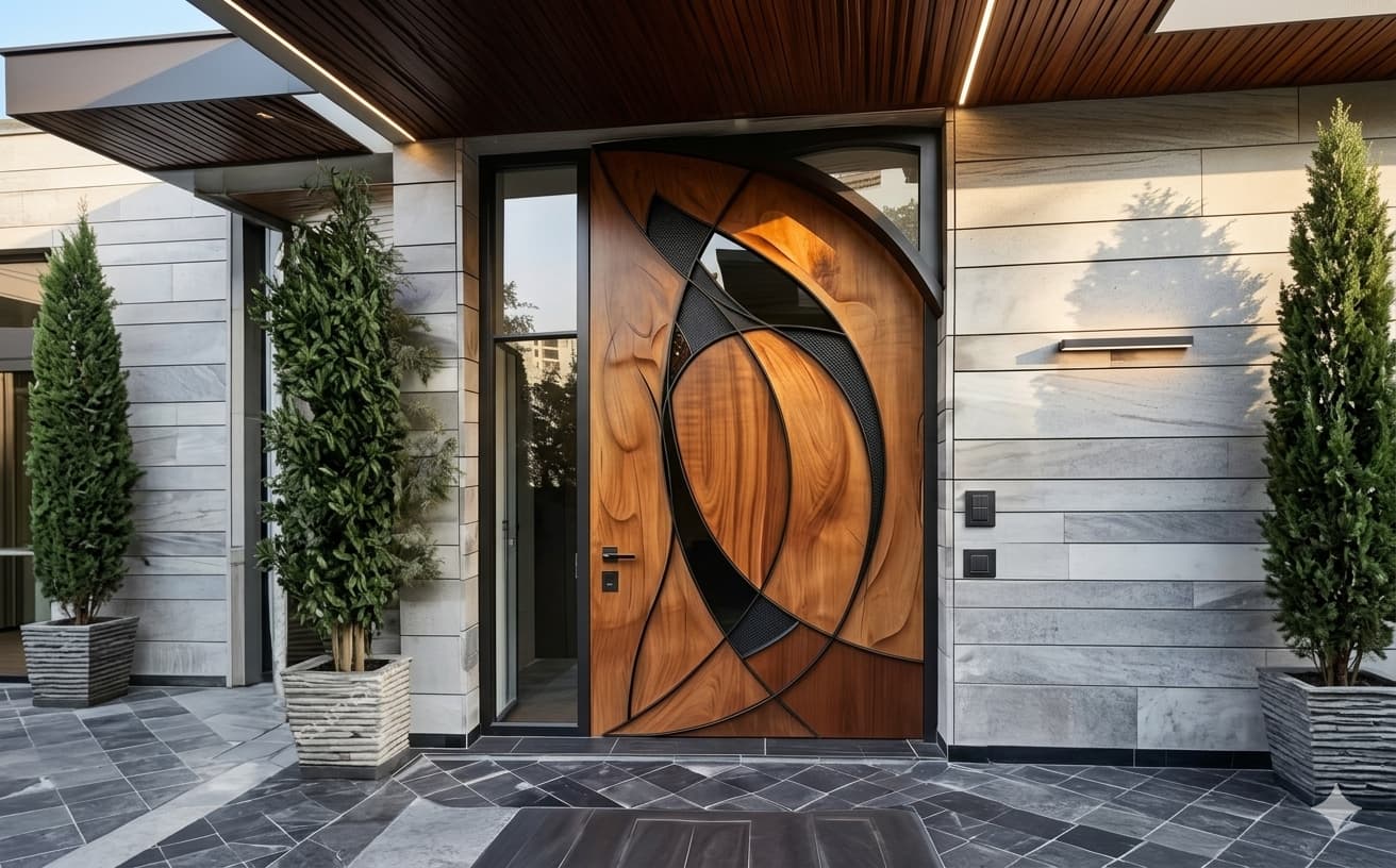 Mẫu cửa nhôm nguyên tấm vân gỗ cho biệt thự (mẫu 1)