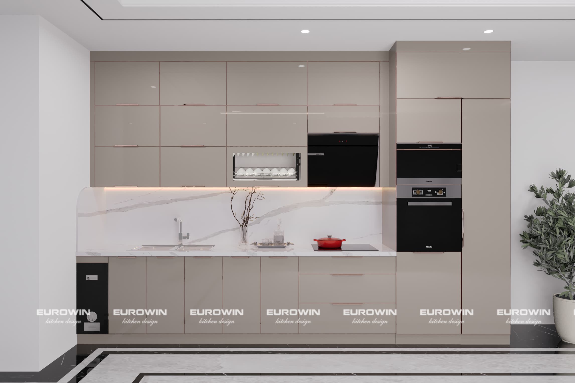 mẫu tủ bếp inox cánh kính chữ i kịch trần cho căn hộ chung cư