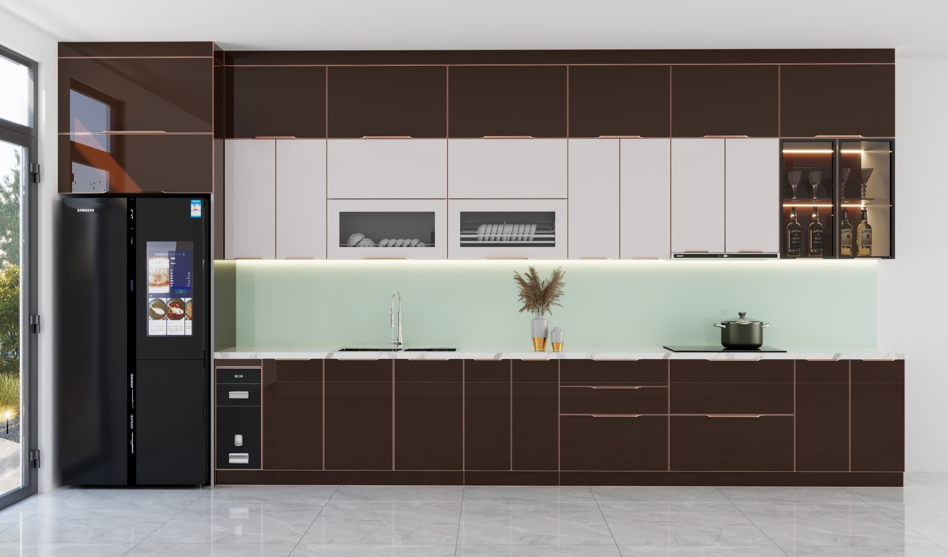 Mẫu tủ bếp inox cánh kính chữ I kịch trần