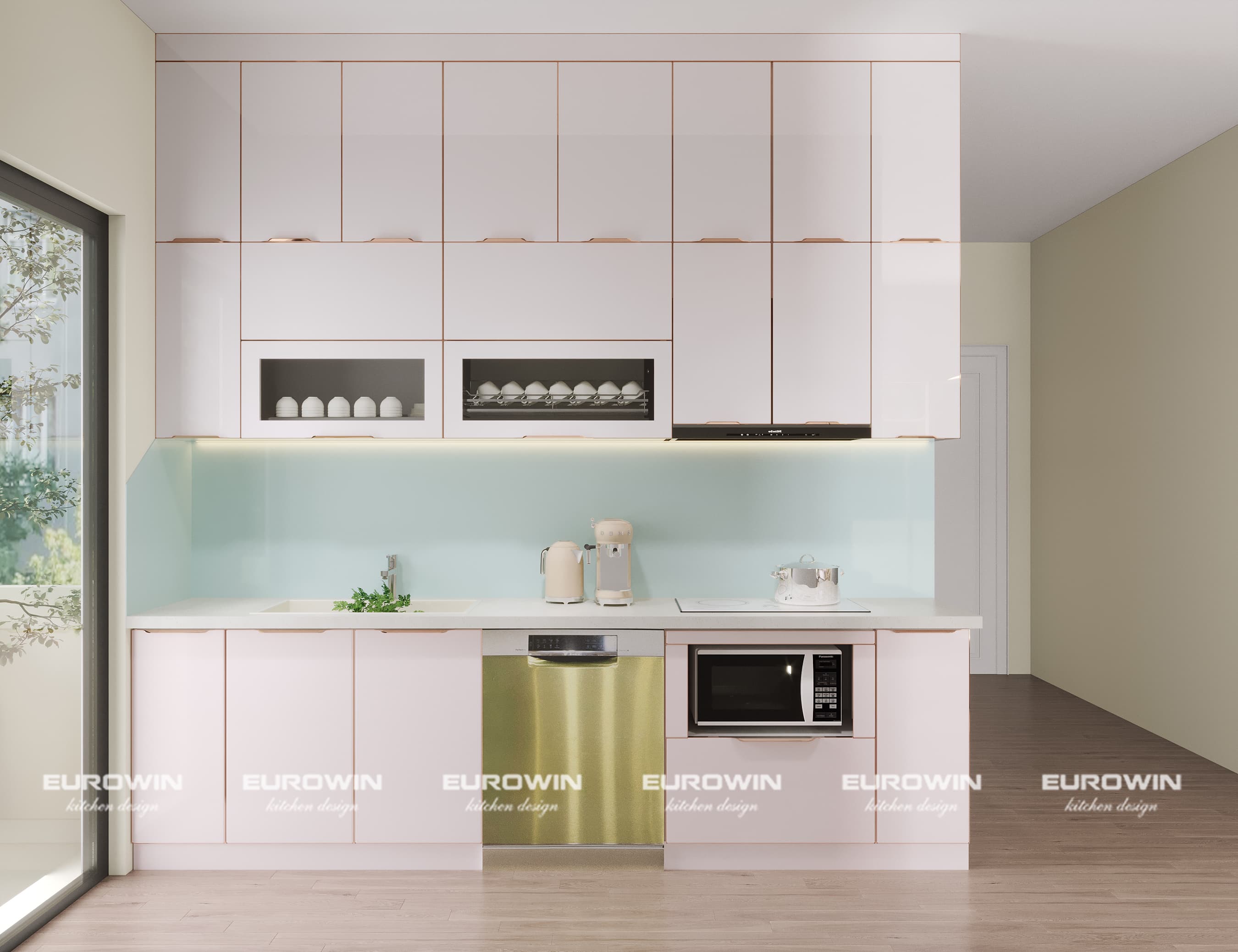 Mẫu tủ bếp inox cánh kính chữ i màu trắng nhỏ gọn