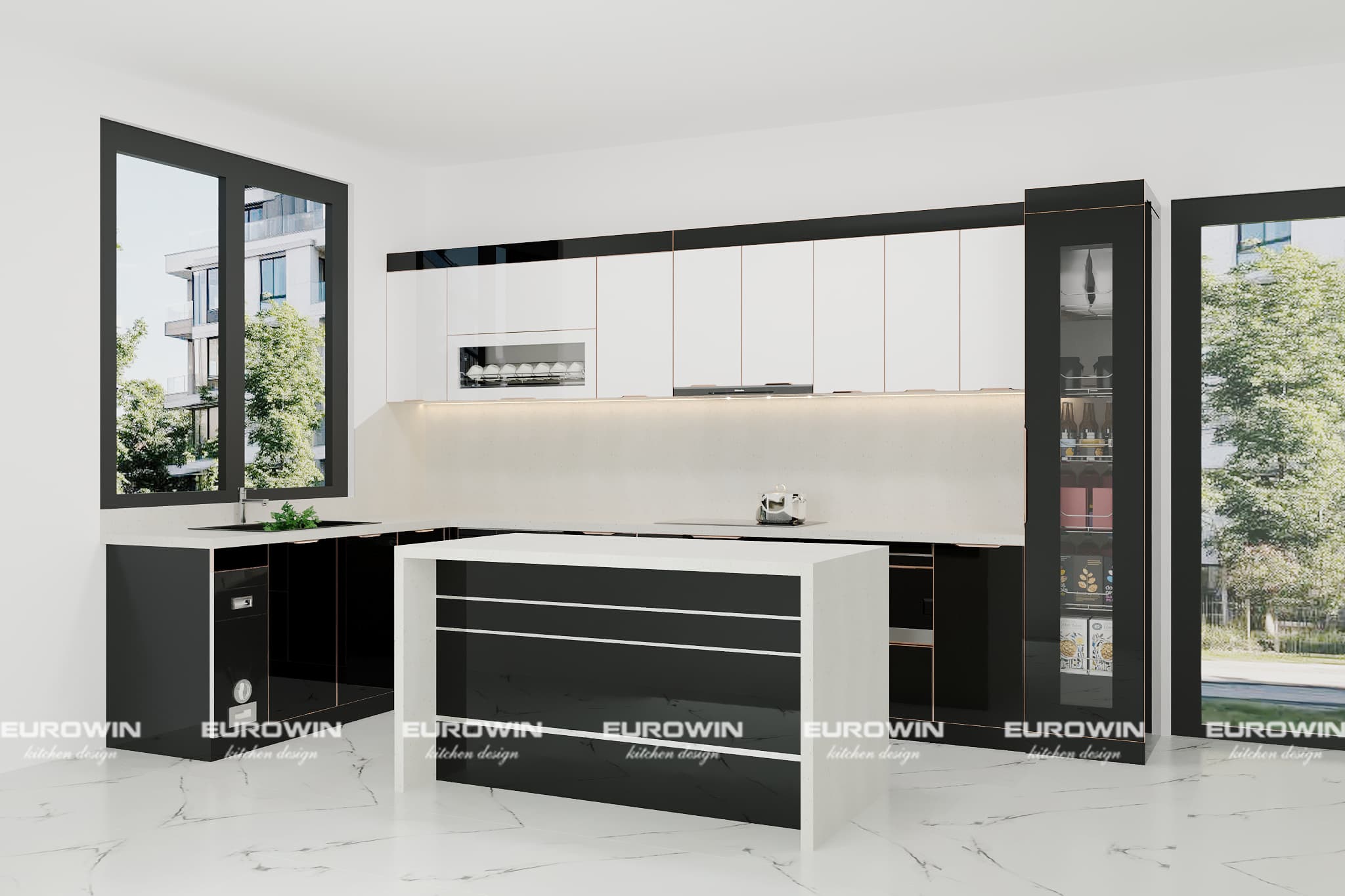 Mẫu tủ bếp inox cánh kính chữ L kết hợp bàn đảo