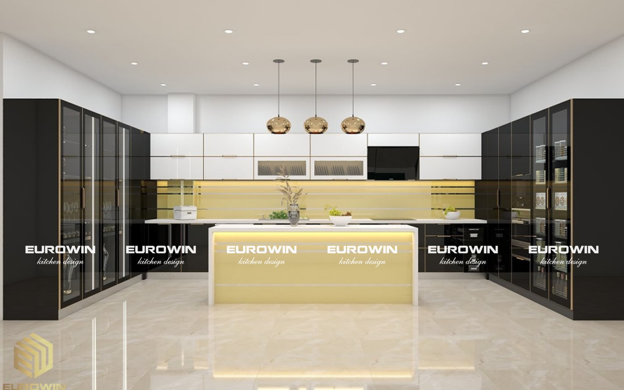 Mẫu tủ bếp inox cánh kính chữ U kết hợp bàn đảo tiện nghi