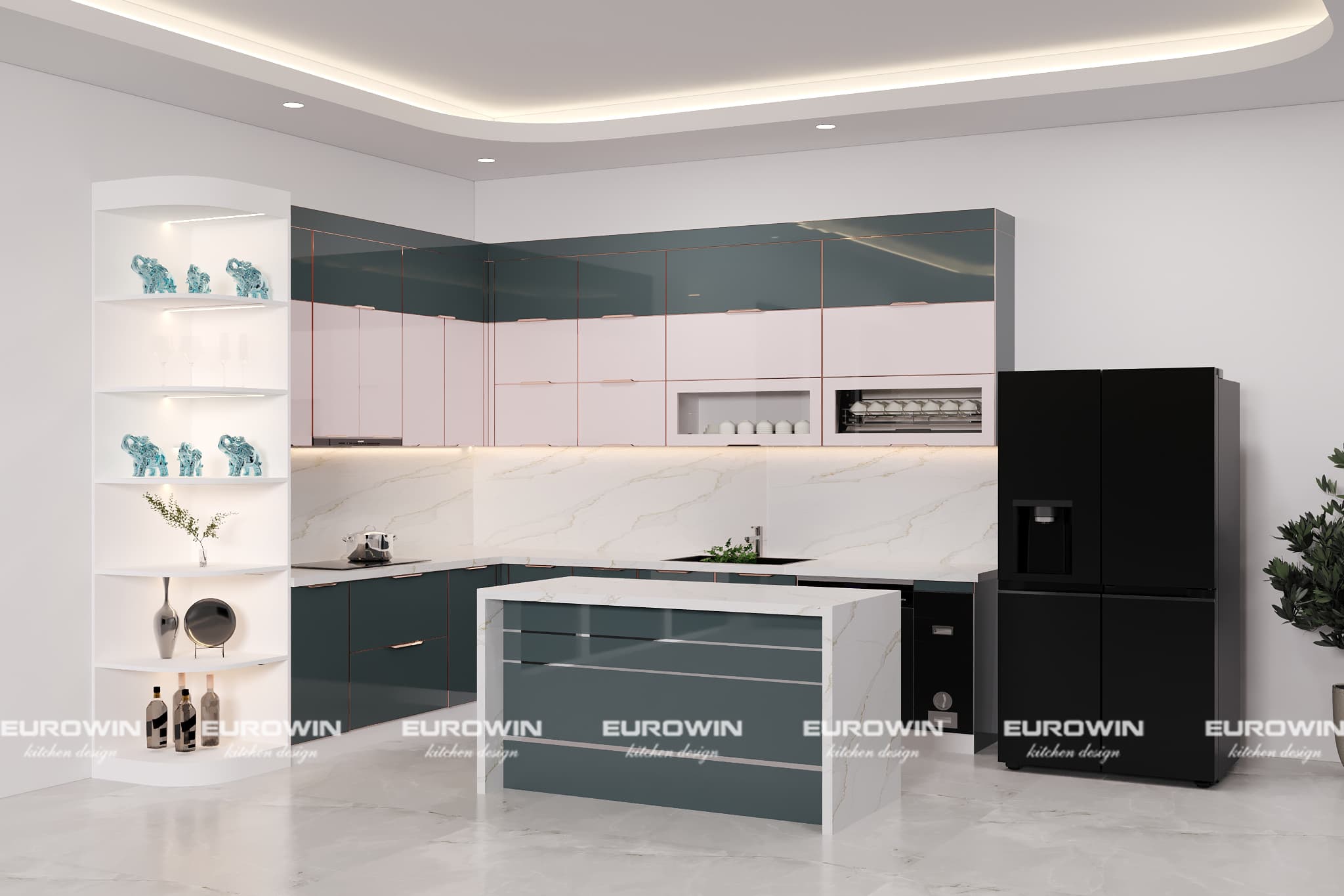 Mẫu tủ bếp inox cánh kính kết hợp kệ trang trí