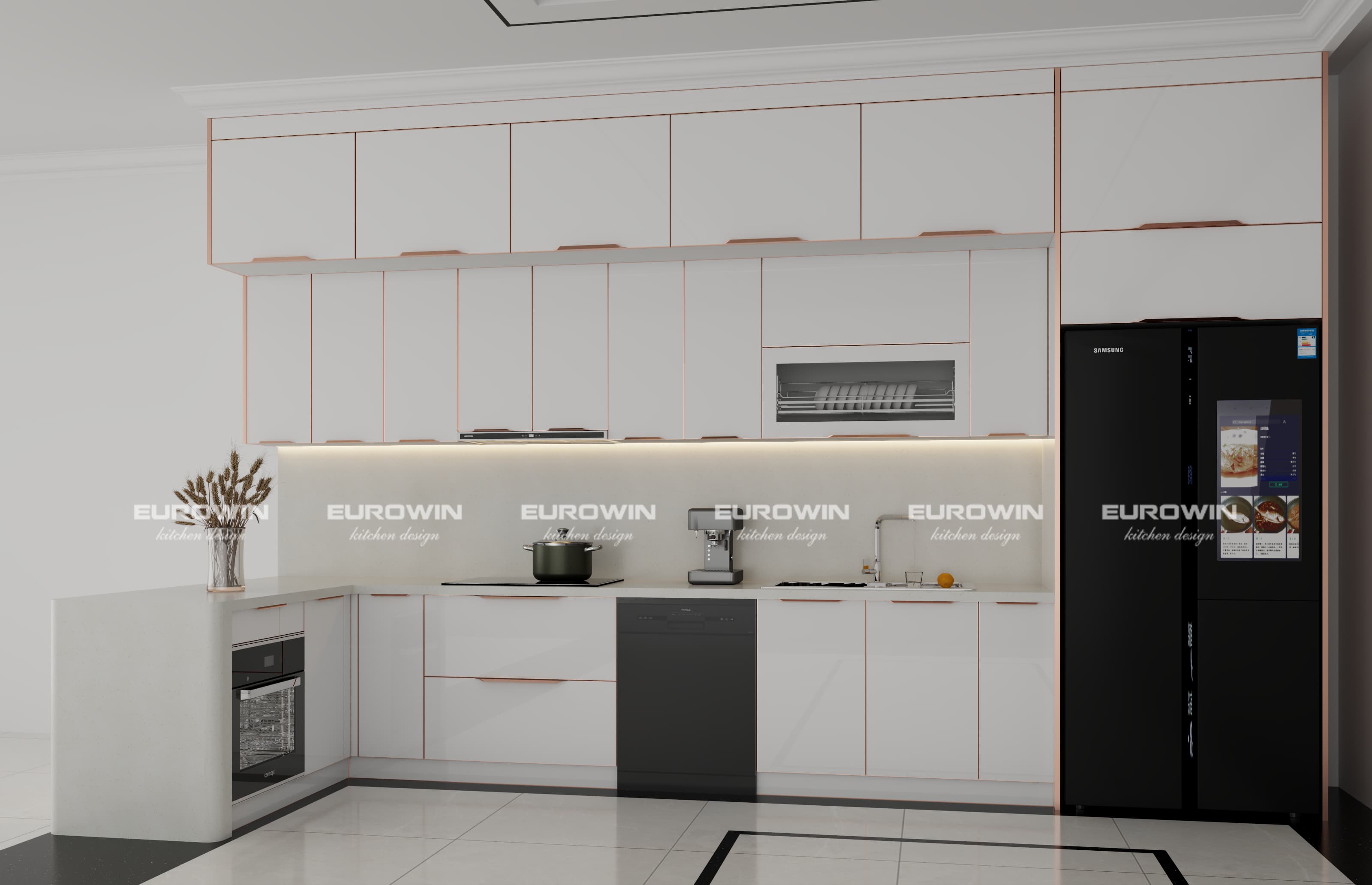 Mẫu tủ bếp inox cánh kính kết hợp quầy bar nhỏ tiện lợi