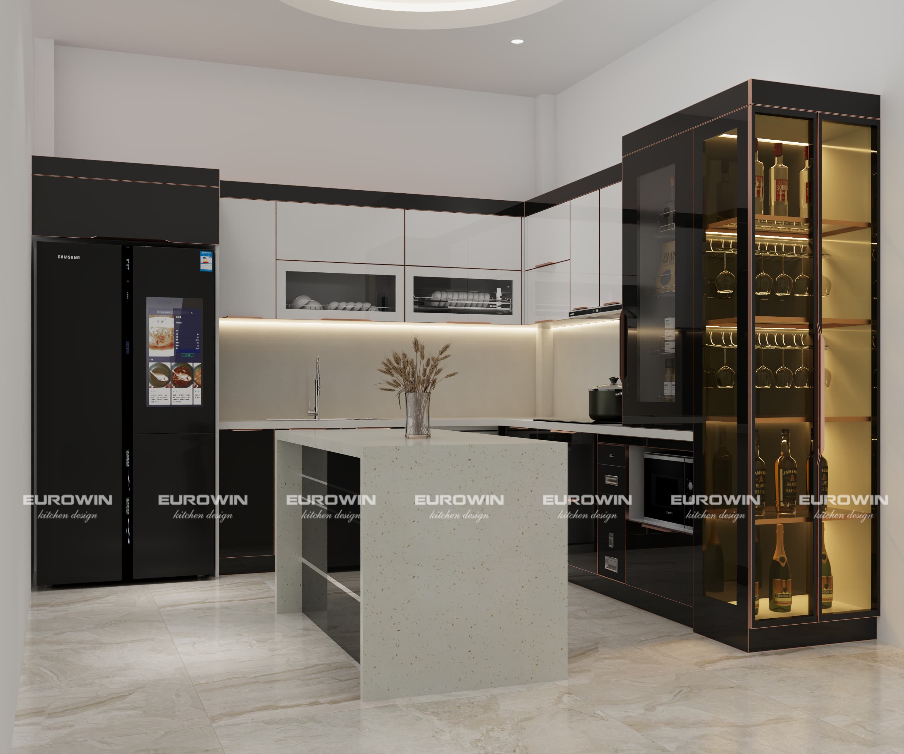 Mẫu tủ bếp inox cánh kính kết hợp tủ rượu cho không gian đẳng cấp hơn