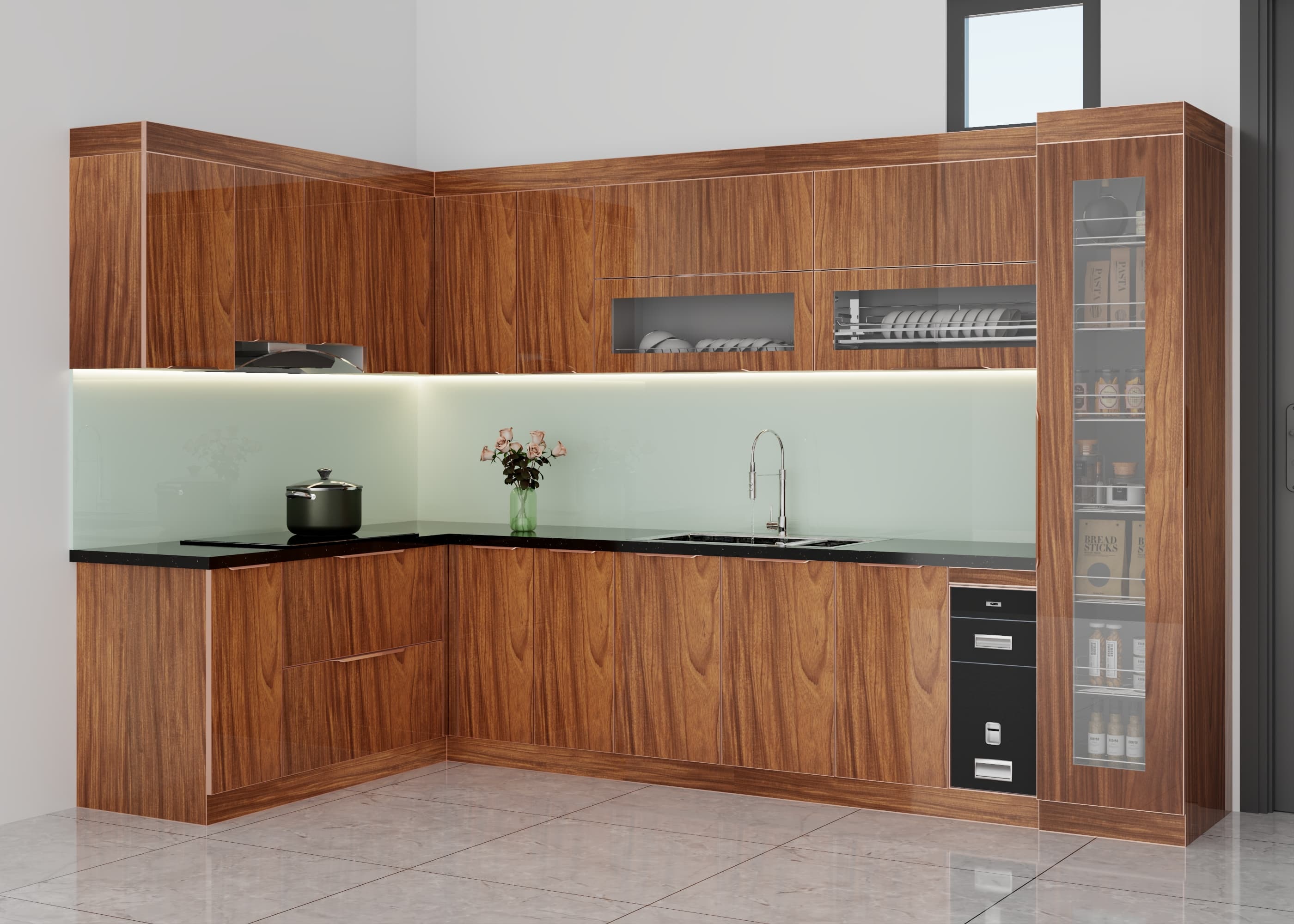 Mẫu tủ bếp inox cánh kính kết hợp vân gỗ