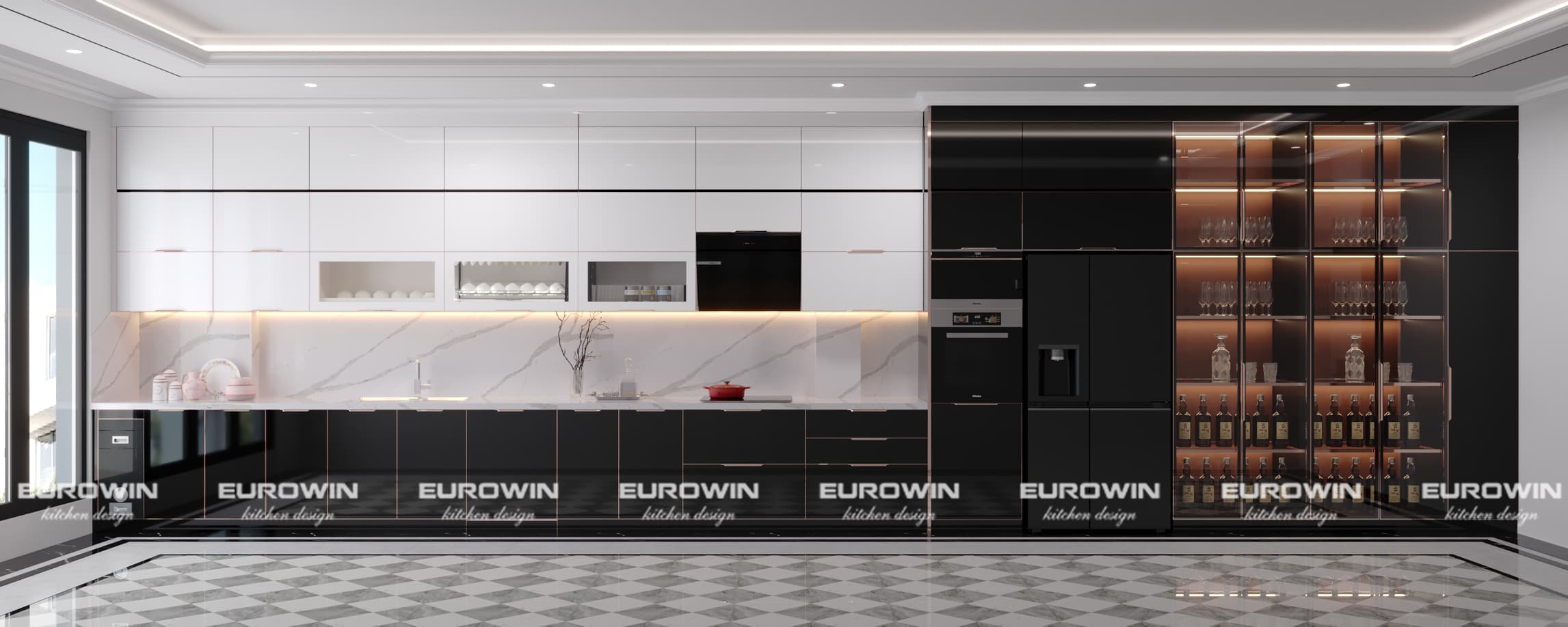 Mẫu tủ bếp inox cánh kính kịch trần kết hợp tủ rượu