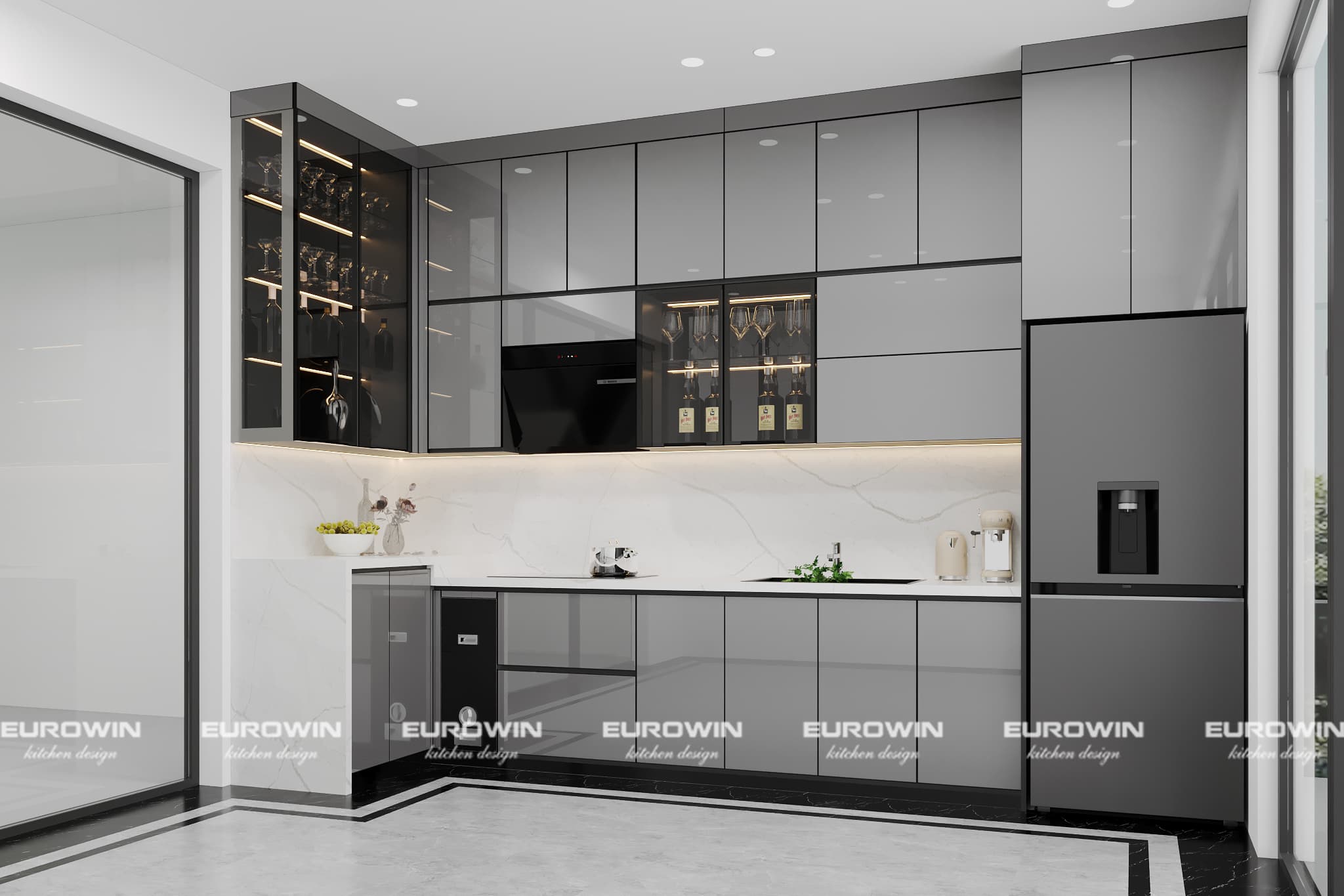 Mẫu tủ bếp inox cánh kính kịch trần màu xám