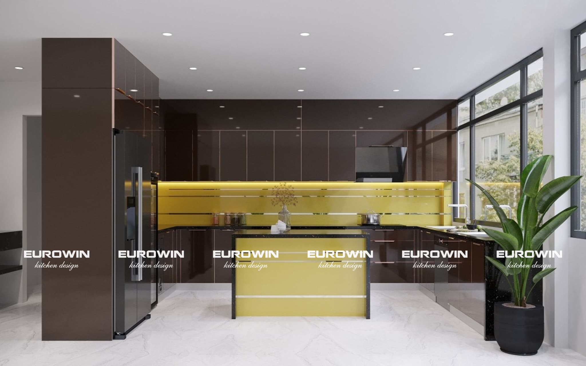 Mẫu tủ bếp inox cánh kính kịch trần tăng diện tích lưu trữ