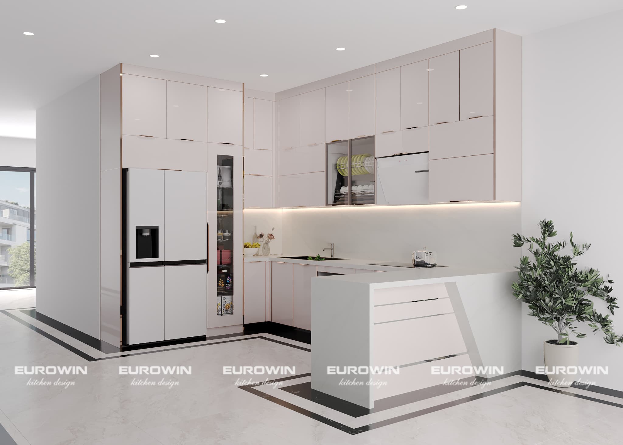 Mẫu tủ bếp inox cánh kính chữ U màu trắng sang trọng