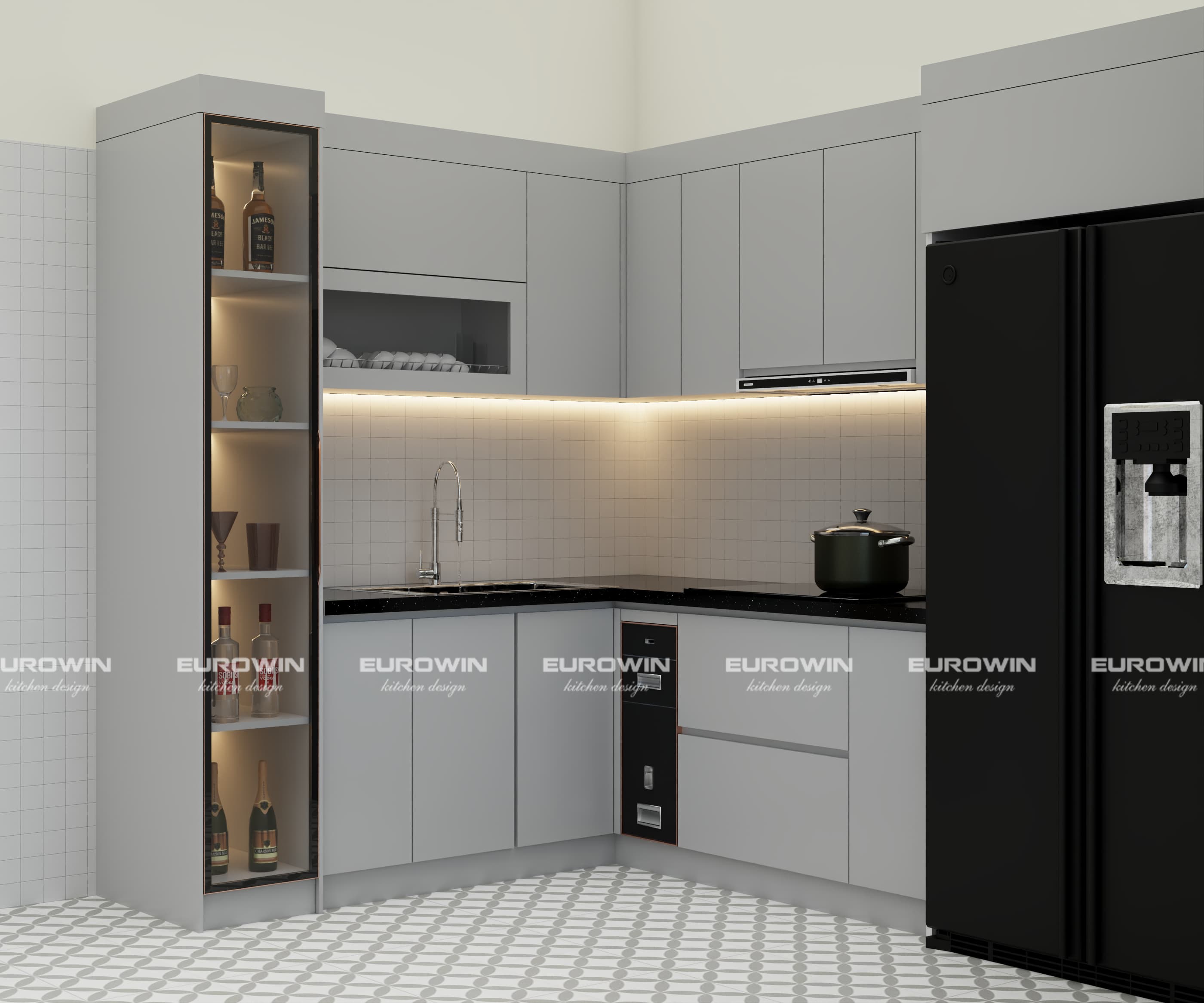 Mẫu tủ bếp inox cánh kính màu xám nhạt hiện đại