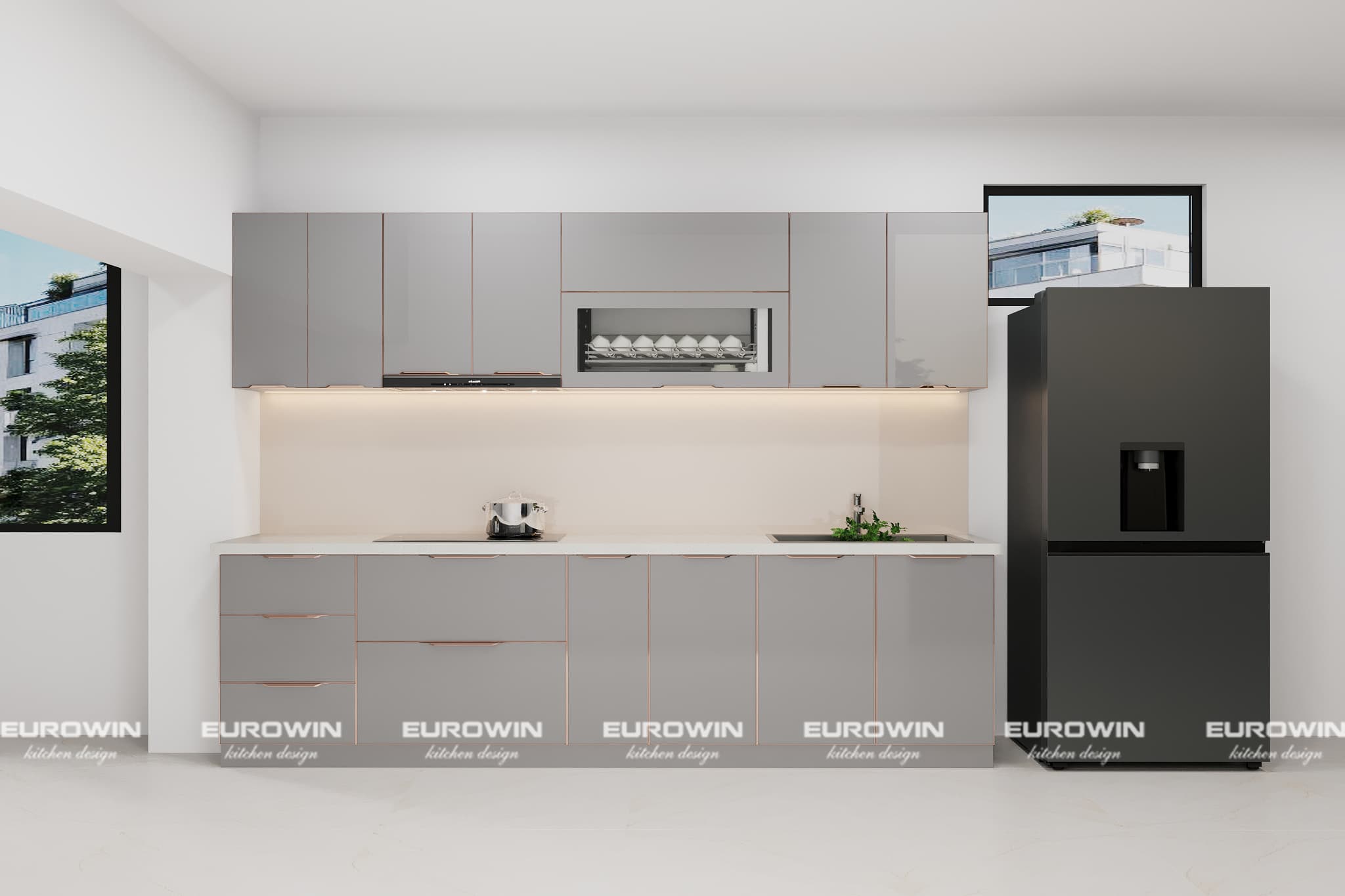 Mẫu tủ bếp inox cánh kính màu xám tối giản