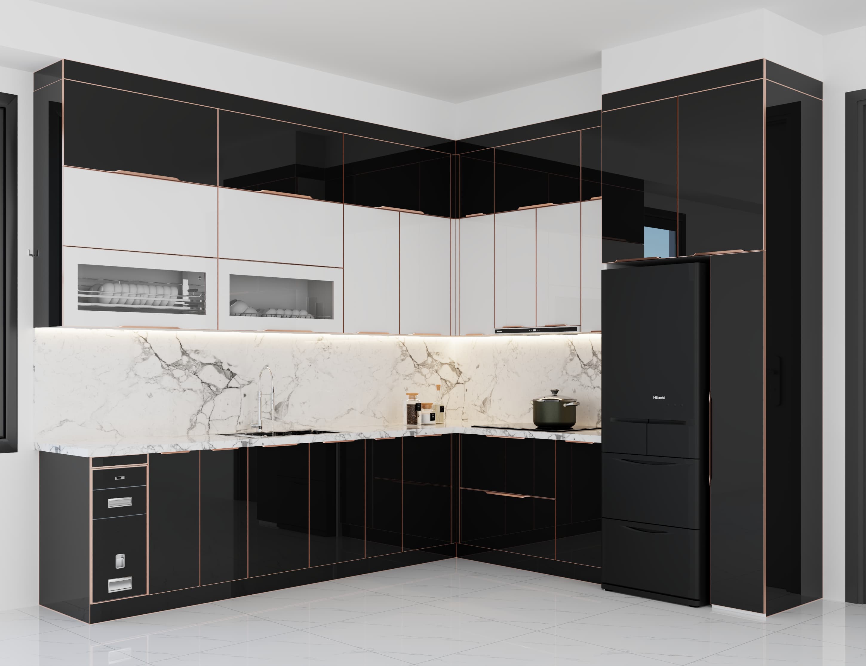 Mẫu tủ bếp inox cánh kính phối đen – trắng hiện đại