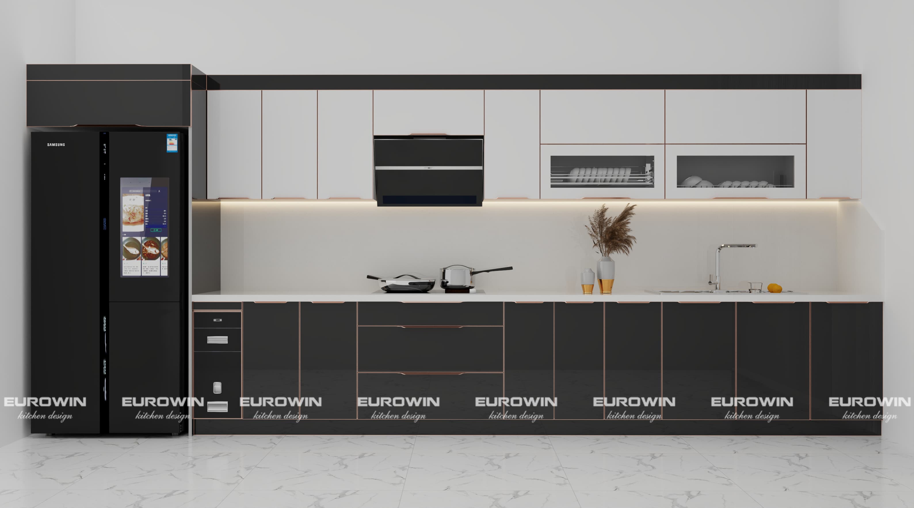 mẫu tủ bếp inox cánh kính chữ i phối màu đen trắng hiện đại