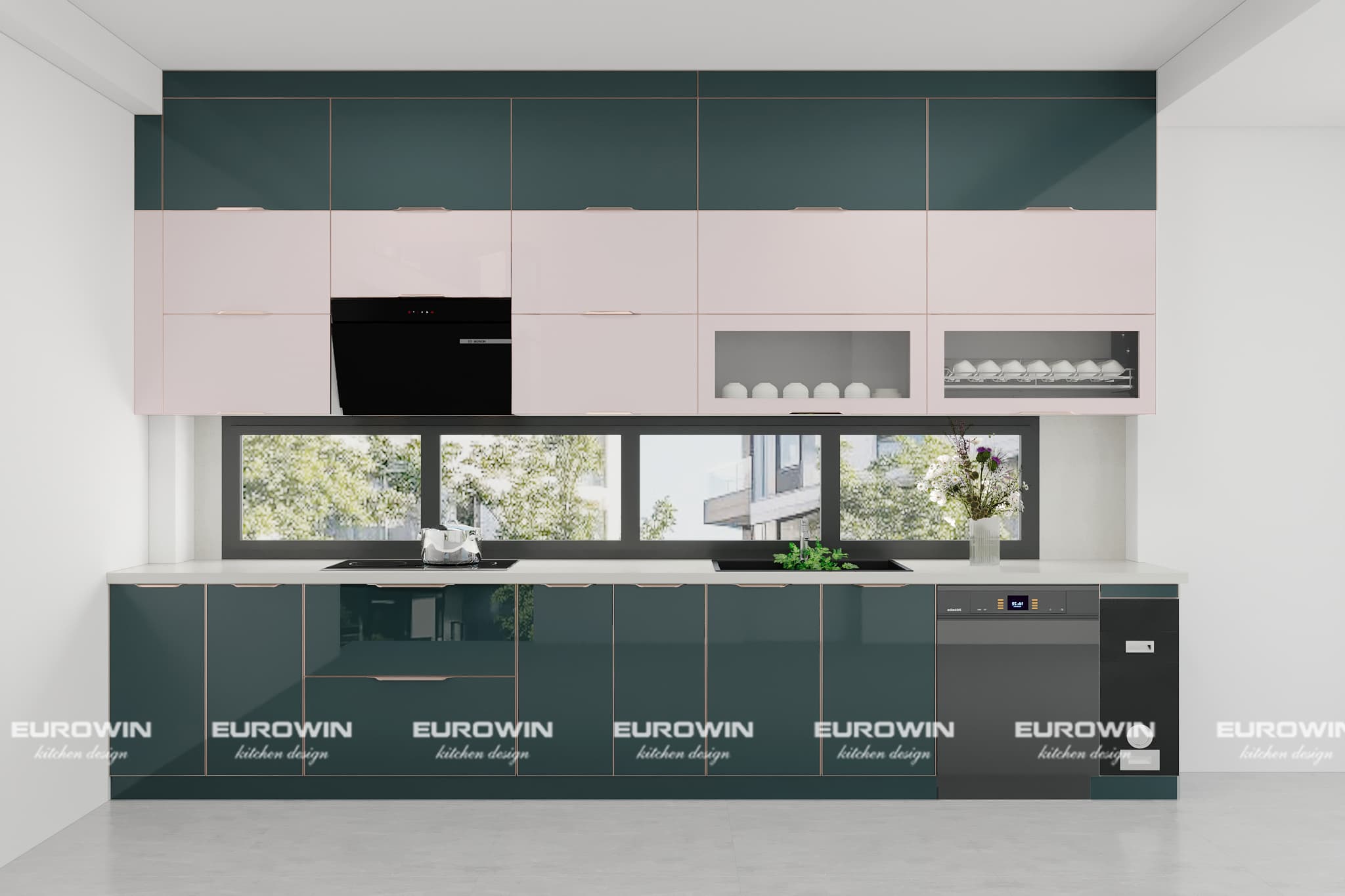 Mẫu tủ bếp inox cánh kính với thiết kế cửa thoáng rộng, lấy sáng tự nhiên