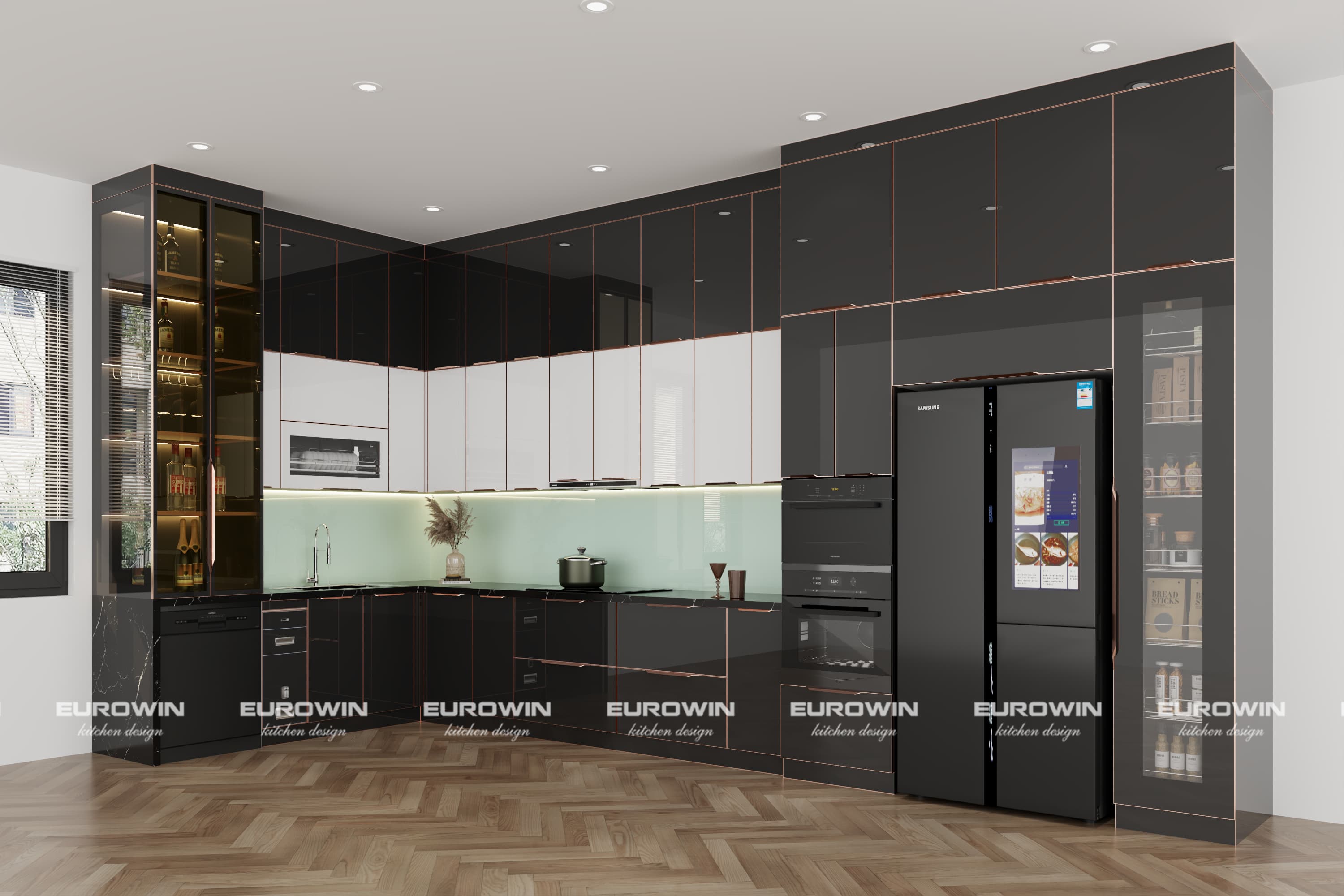 Mẫu tủ bếp inox cánh kính tích hợp full công năng cho biệt thự cáo cấp