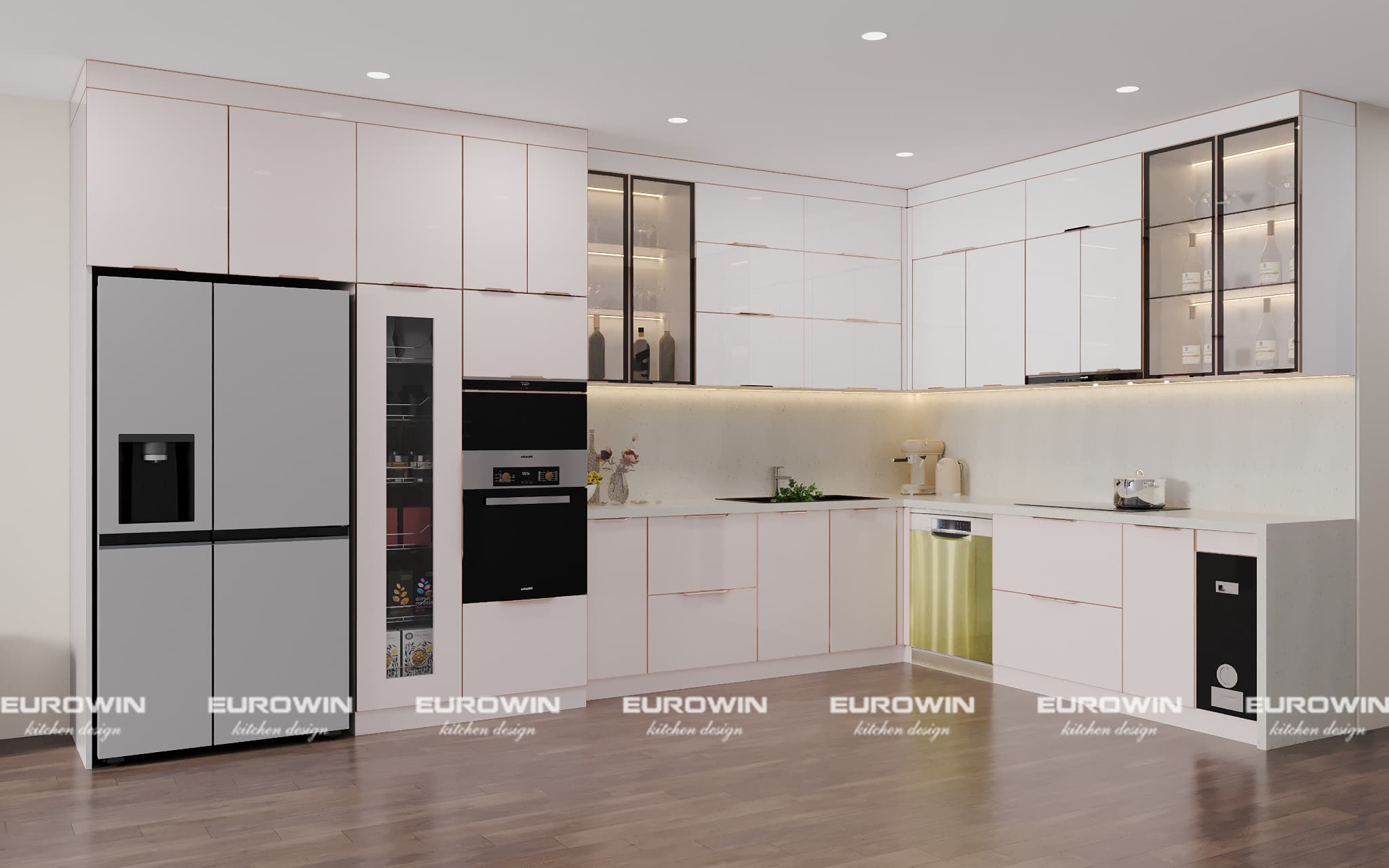 Mẫu tủ bếp inox cánh kính chữ L tone trắng cho căn bếp hiện đại