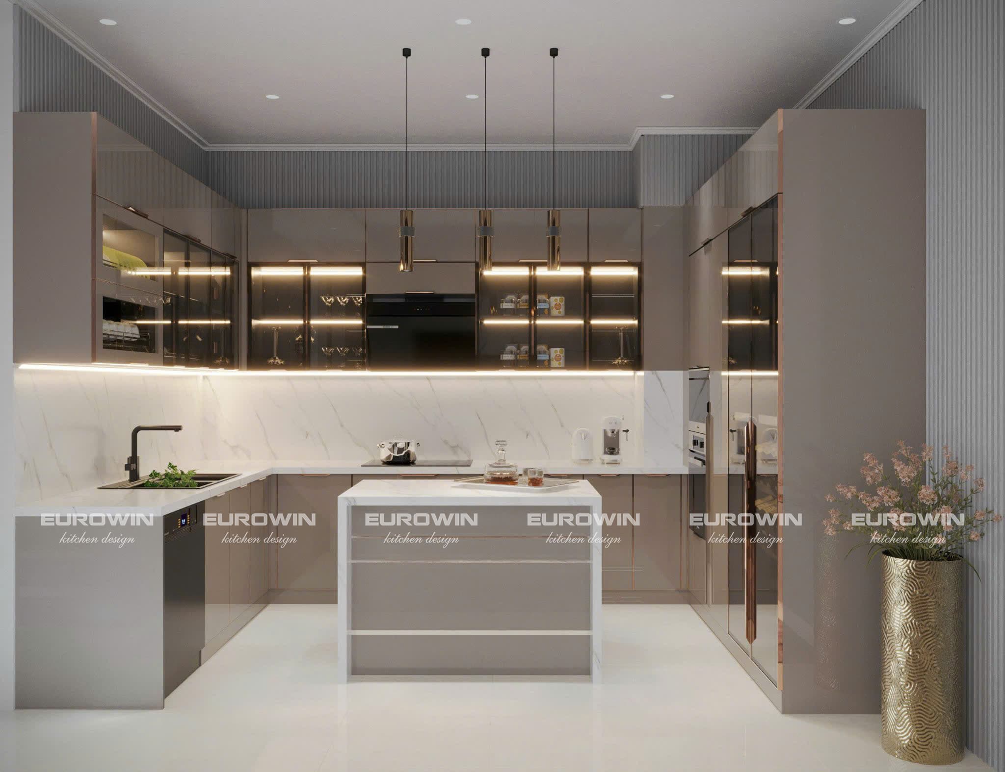 Mẫu tủ bếp inox cánh kính kết hợp đèn led cho căn bếp hiện đại