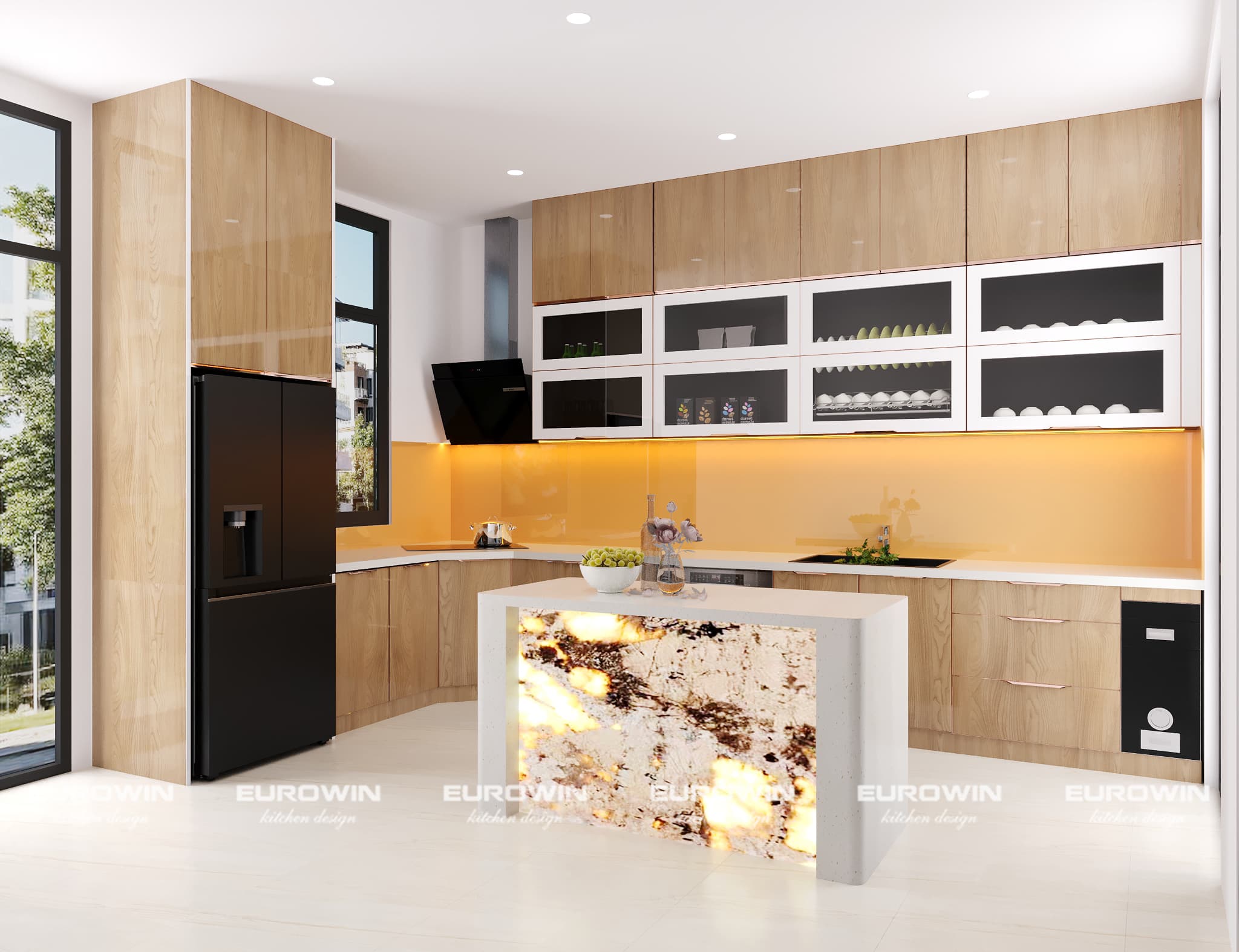 Mẫu tủ bếp inox với cánh kính màu vân gỗ