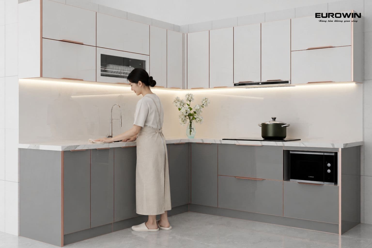 Tủ bếp cho gia đình thường xuyên nấu ăn ưu tiên độ bền và dễ vệ sinh