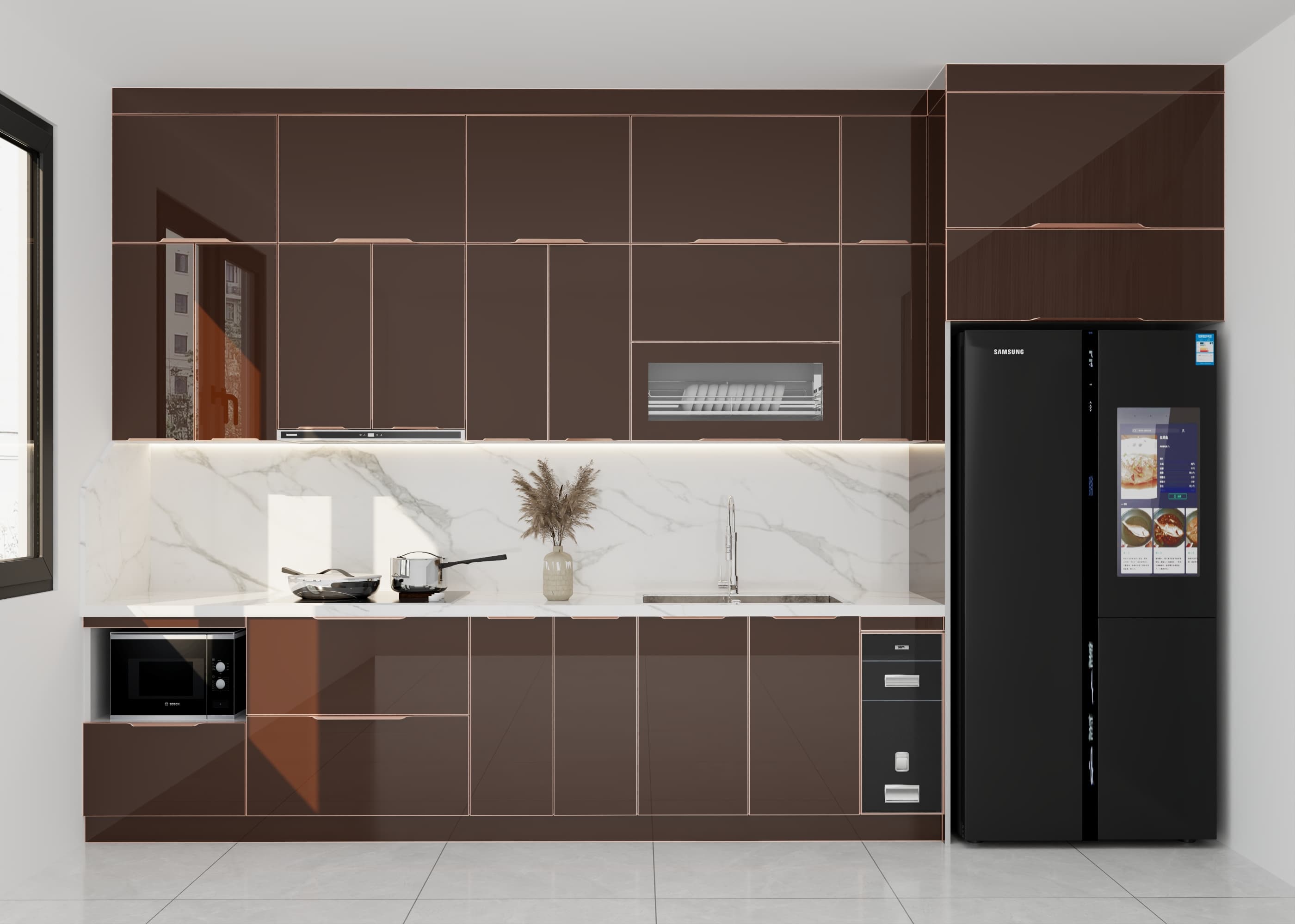 Tủ bếp inox cánh kính chữ I gọn gàng cho nhà phố