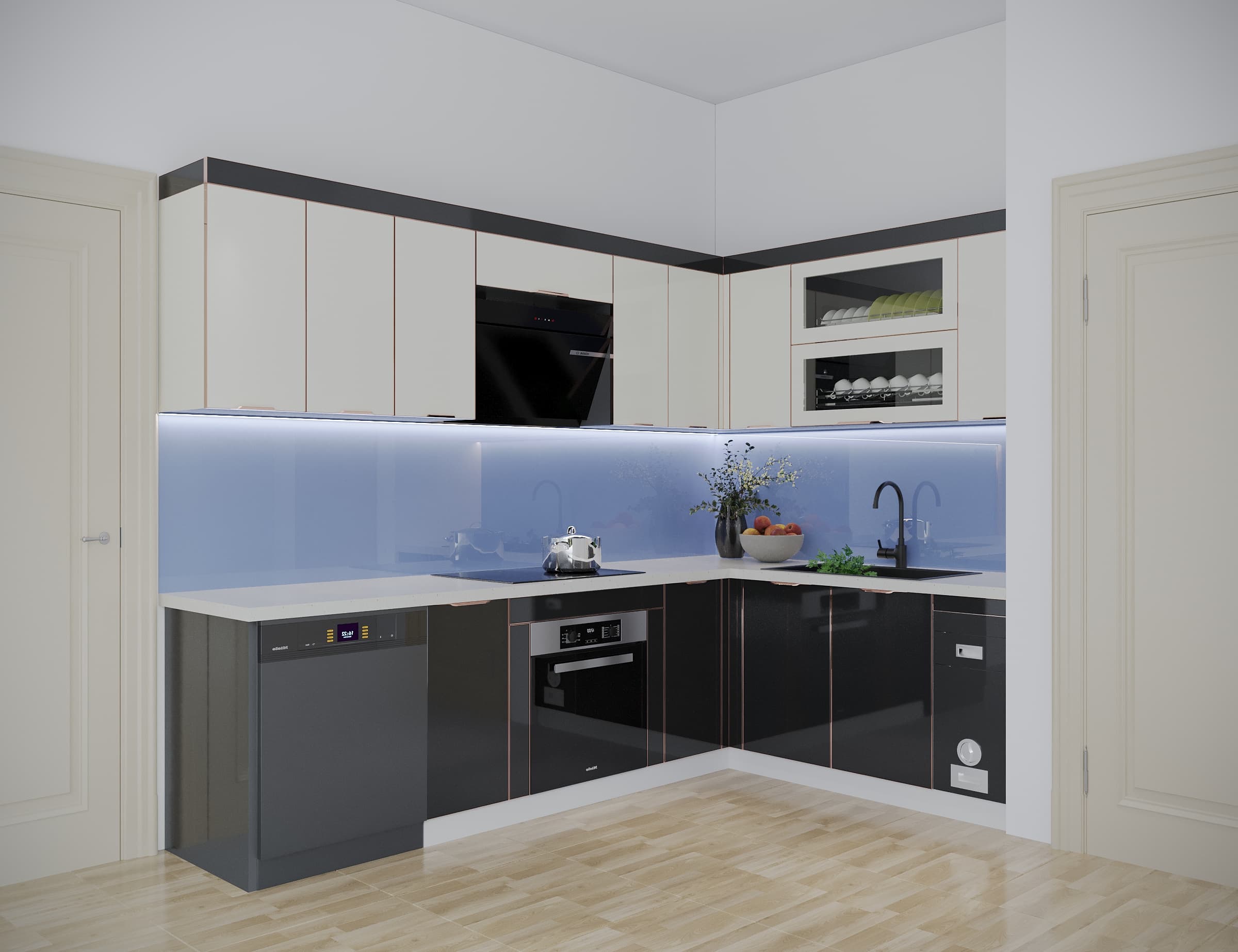 Tủ bếp inox cánh kính cho chung cư