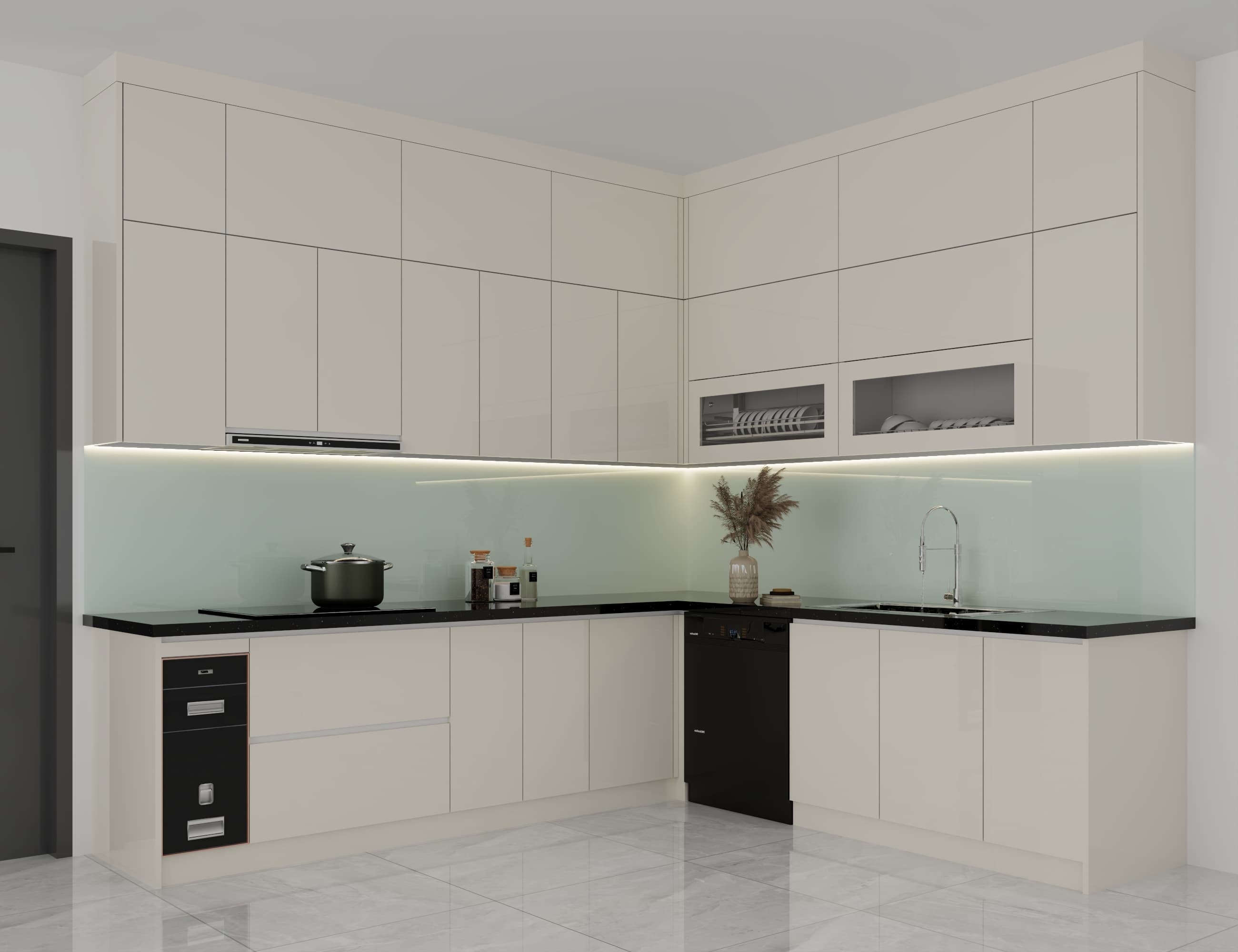 Tủ bếp inox cánh kính cho nhà phố