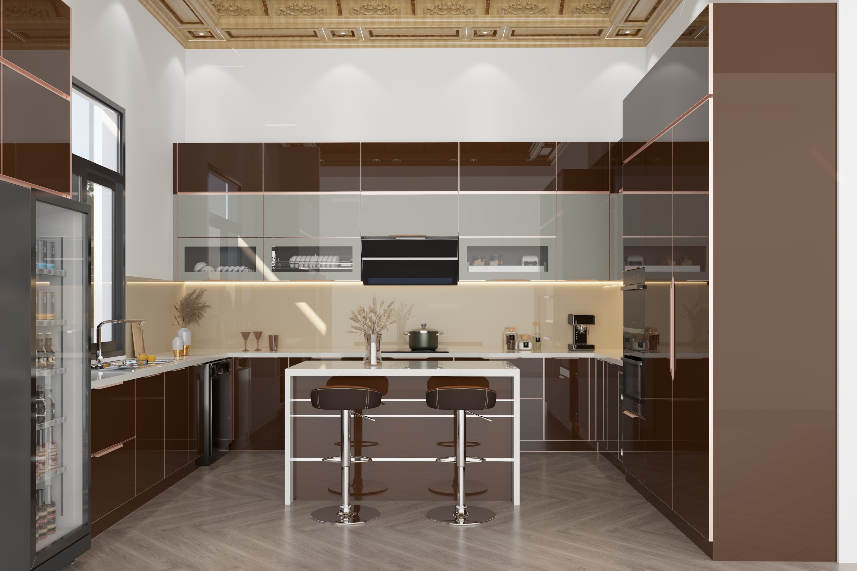 Tủ bếp inox cánh kính có đảo bếp sang trọng cho biệt thự