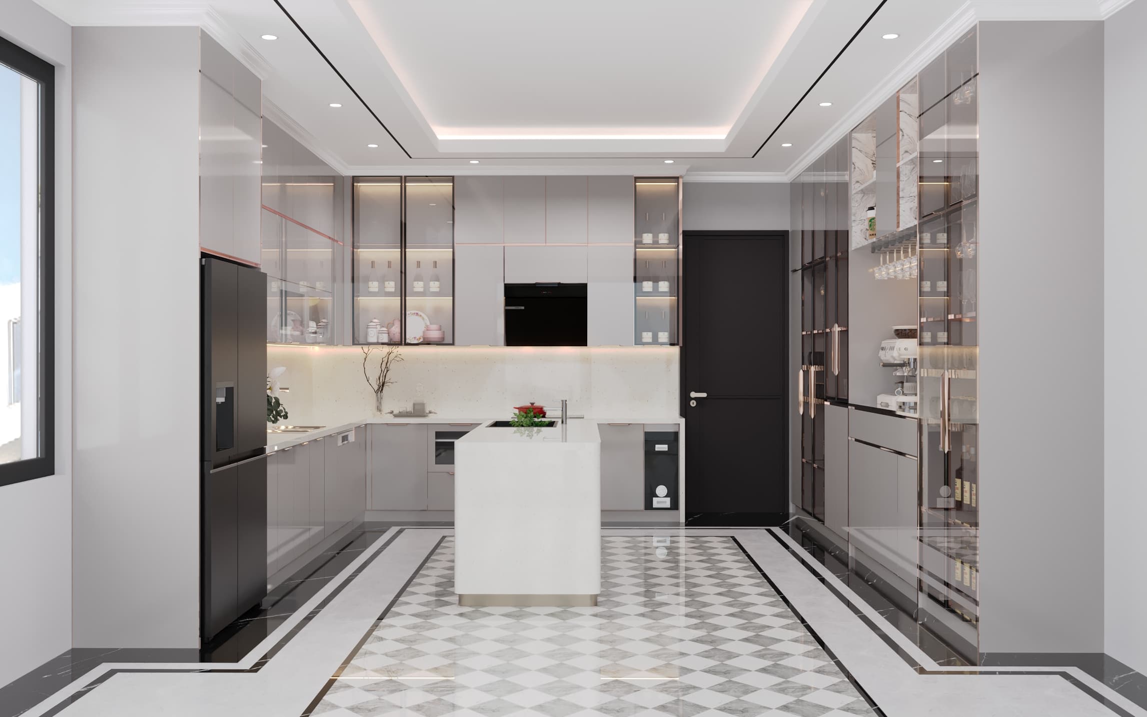 Tủ bếp inox cánh kính đẳng cấp cho biệt thự, bếp lớn