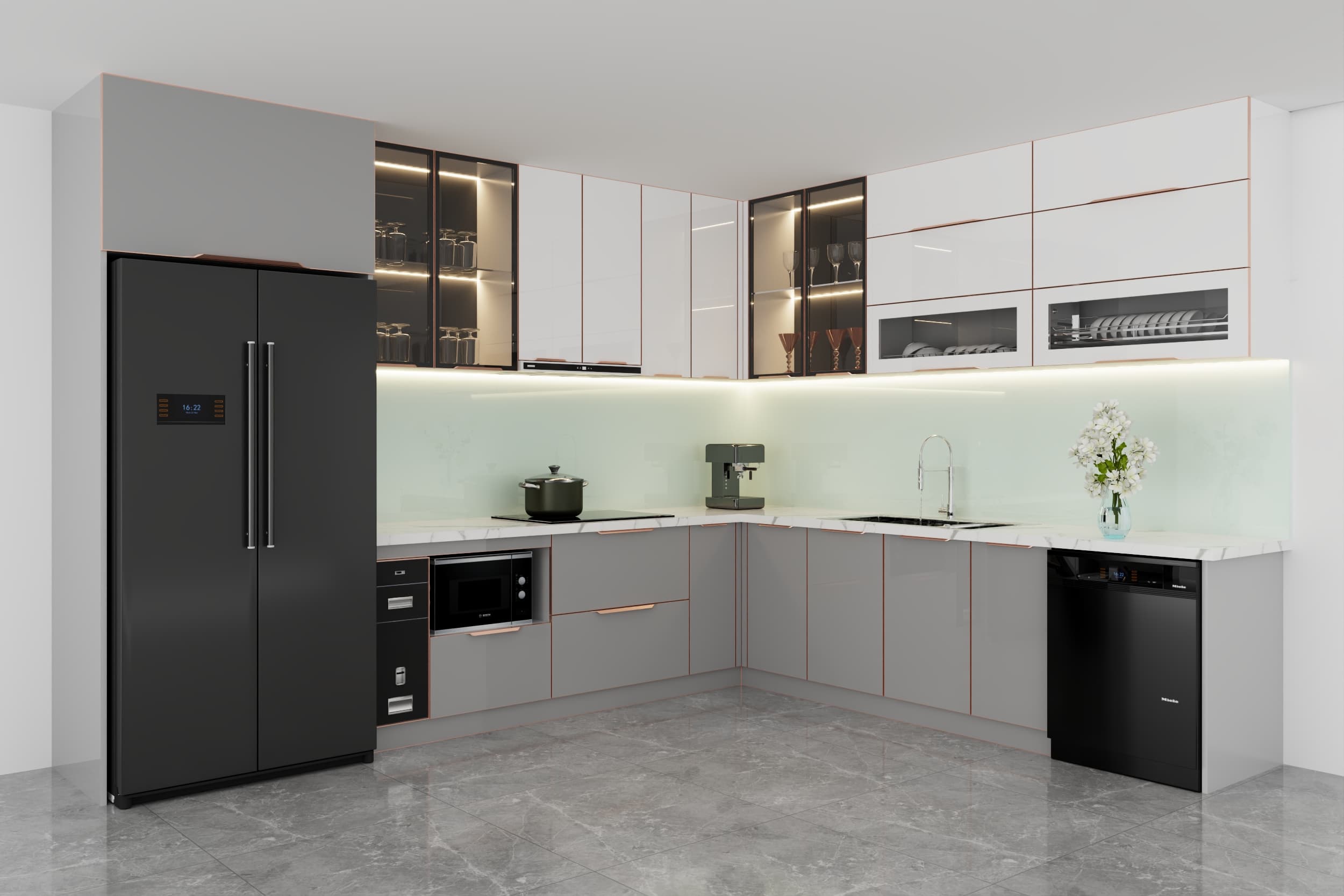 Tủ Bếp Inox Cánh Kính Kết Hợp Đèn Led Tăng Tính Thẩm Mỹ